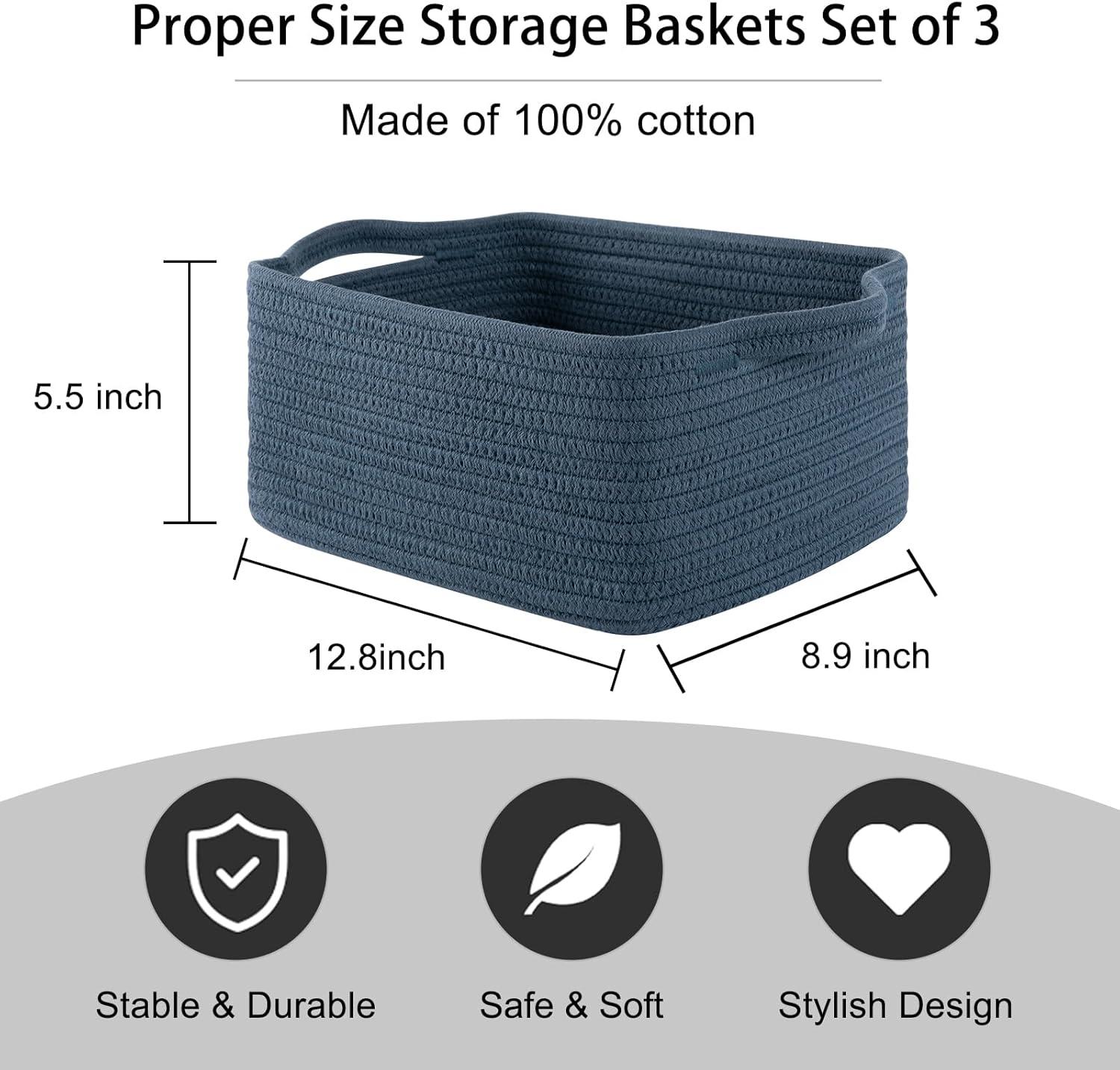 Design 3-Pack Storage Baskets for Shelves, Decorative Baskets for Organizing, Woven Baskets for Storage, Book Basket Cube Storage Bin Box, Pantry Closet and Shoe Organizers, Navy Blue