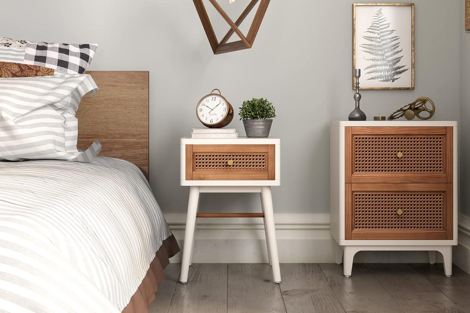 COZAYH 2-Drawer Woven Cane Front Accent Nightstand with Brass Knobs for Living Room, Hand-Scratched Aging Finish, Bedroom, White