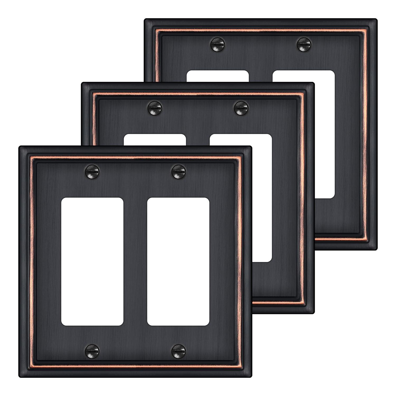 Double Decorator Switch Covers Wall Plate, Oil Rubbed Bronze Decorative Rocker Switch Plates Outlet Covers for Receptacle, GFCI Outlet, Dimmer - Classic Style, 3 Pack