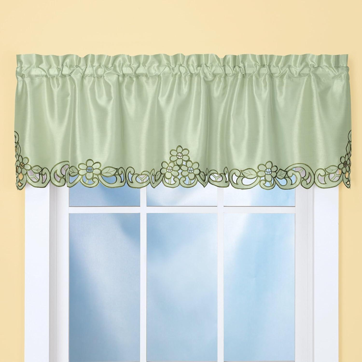 Collections Etc Elegance Scroll Embroidered Cut-Out Window Valance with Rod Pocket Top for Easy Hanging, 58" W x 13" L, Sage