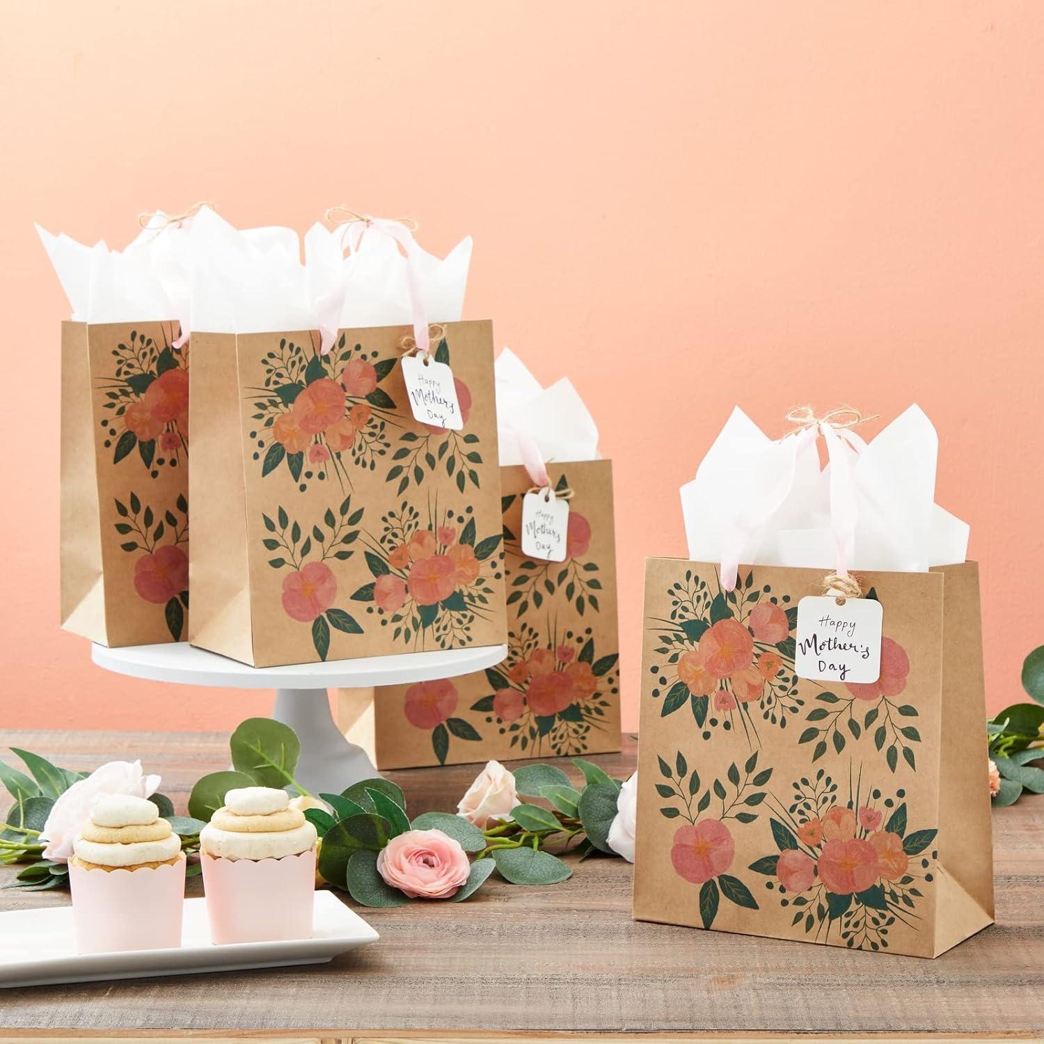 Juvale 24 Pack Kraft Paper Floral Gift Bags with Pink Ribbon Handles, 8x4x9 Inches, 2 Designs, For Themed Party Favors