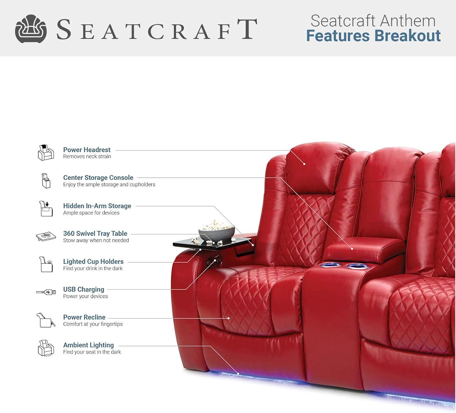 Seatcraft Anthem Home Theater Leather Loveseat Power Reclining 2-Row Seating with Power Headrest, LED lights, Center Table, Cupholders, AC/USB Outlets, and Hidden Storage in Red
