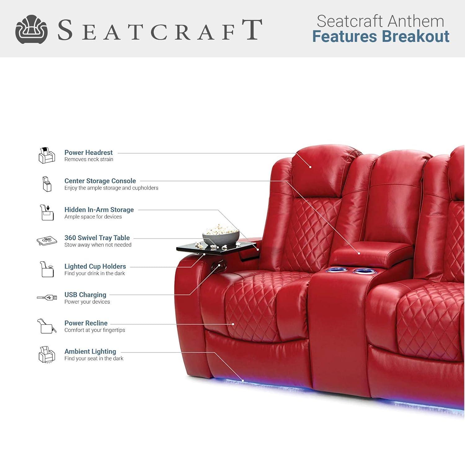 Seatcraft Anthem Home Theater Leather Loveseat Power Reclining 2-Row Seating with Power Headrest, LED lights, Center Table, Cupholders, AC/USB Outlets, and Hidden Storage in Red