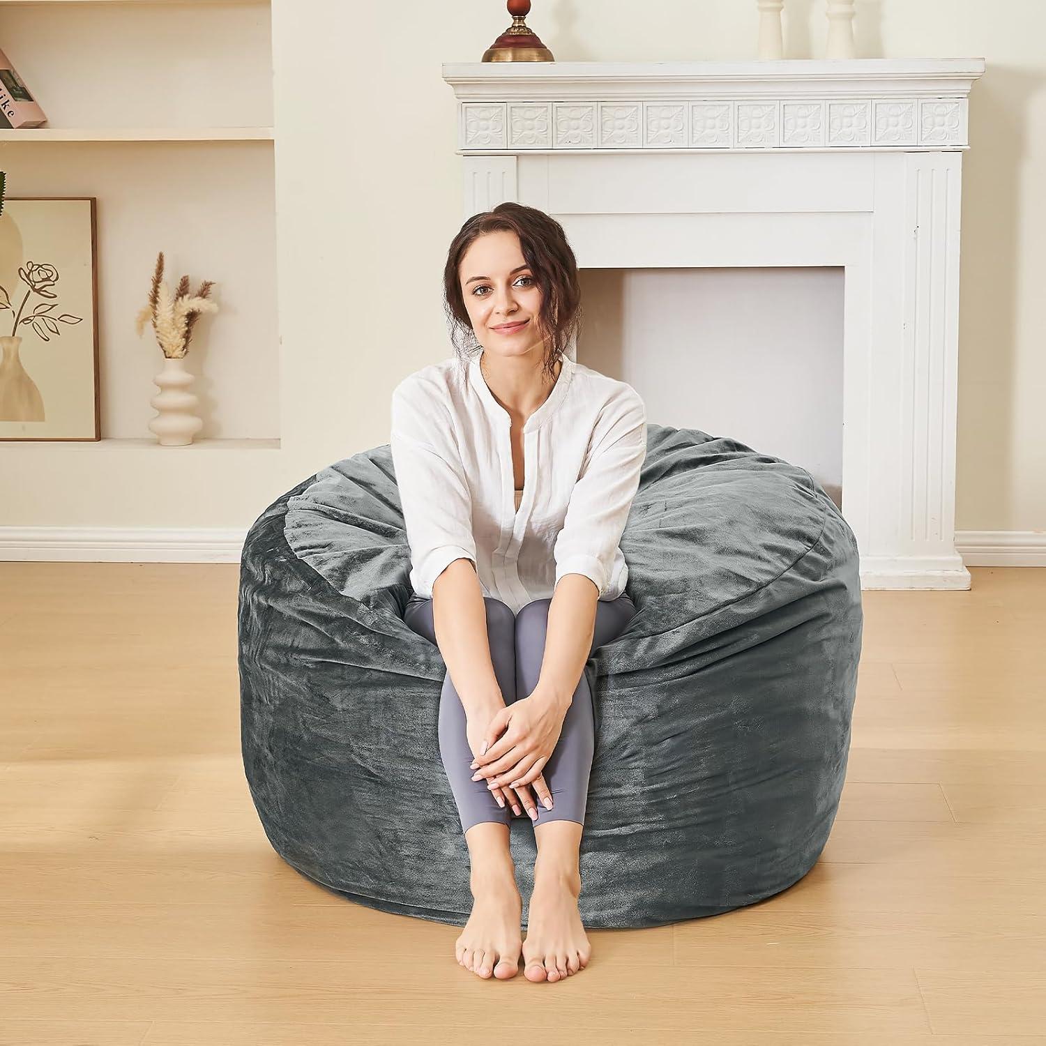 Grey Round Memory Foam Bean Bag Chair with Plush Cover