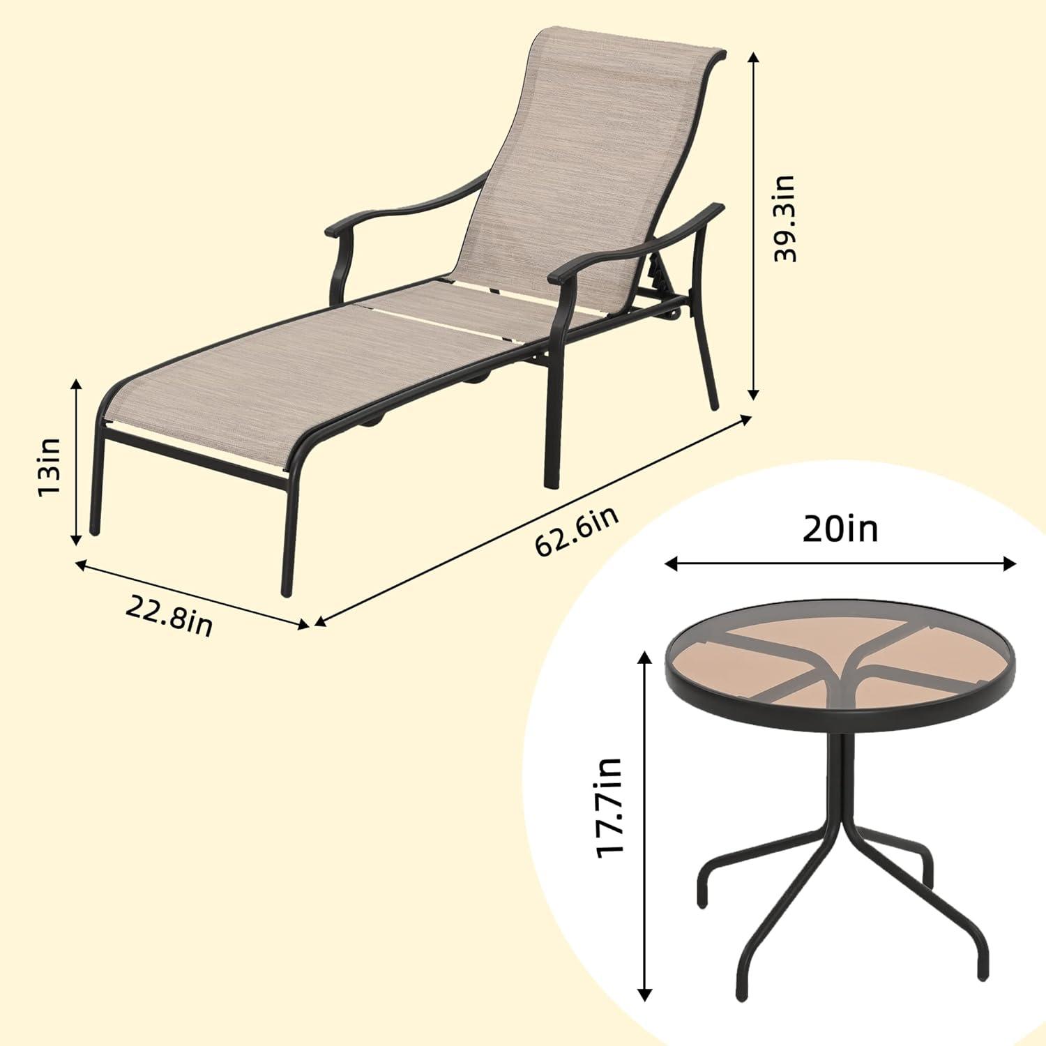 HAPPATIO Patio Chaise Lounge Set 3 Pieces,Patio Lounge Chair with Glass Coffee Table,Pool Lounge Chair with Breathable Textilene Fabric,Patio Chaise Lounge for Patio Backyard Poolside(Gray)