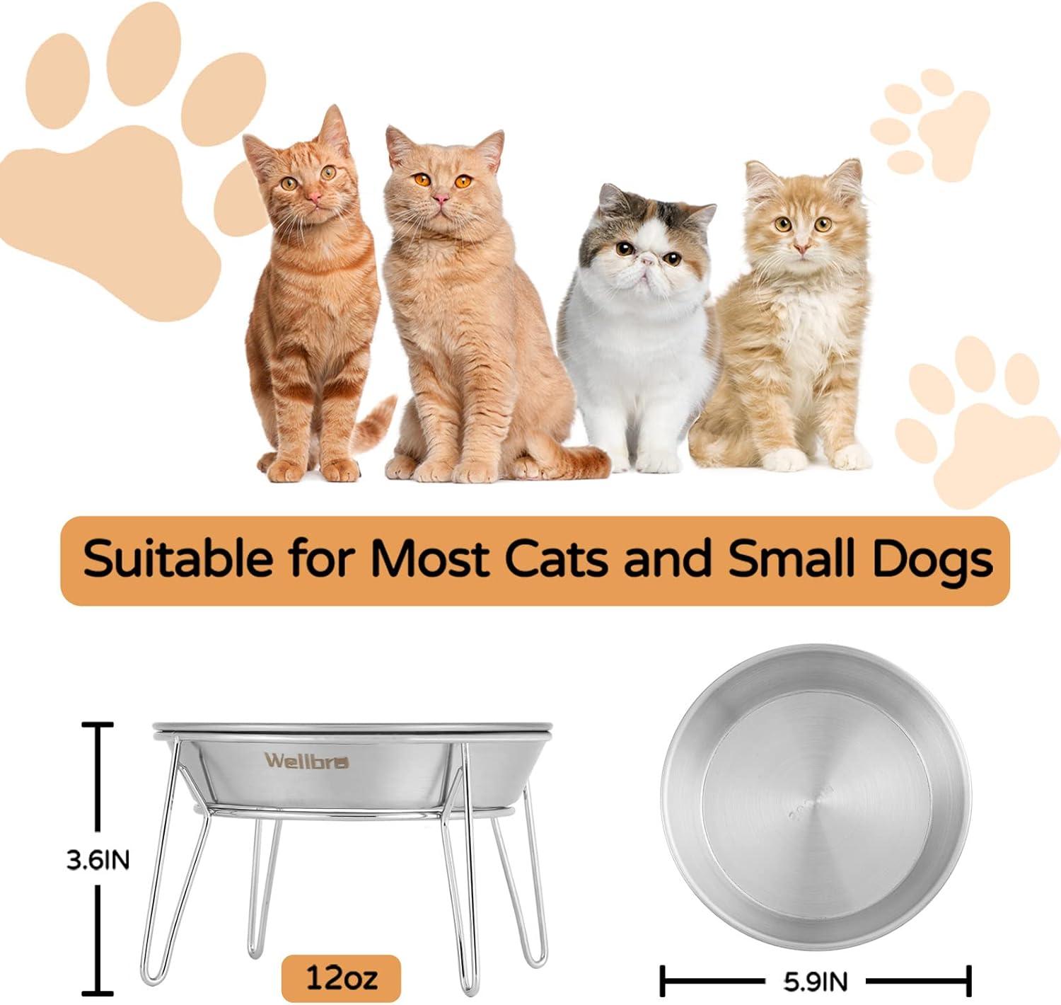Elevated Cat Bowls, 5.9 Inch Wide Stainless Steel Cat Food Bowls with Metal Stand Whisker Stress-Free, Raised Food and Water Dish for Cats, Kitten, Puppies and Small Dogs-2 Pack