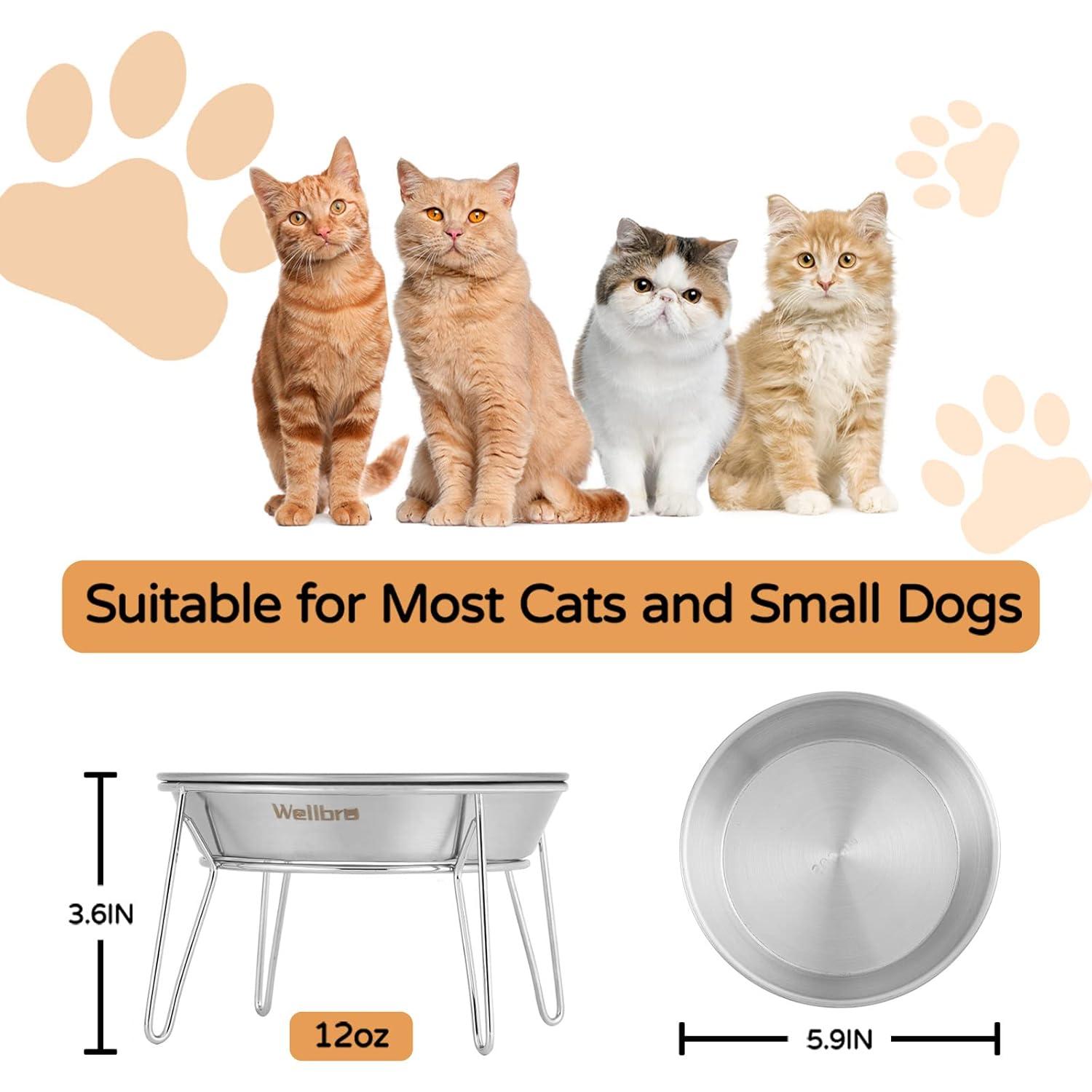 Elevated Cat Bowls, 5.9 Inch Wide Stainless Steel Cat Food Bowls with Metal Stand Whisker Stress-Free, Raised Food and Water Dish for Cats, Kitten, Puppies and Small Dogs-2 Pack