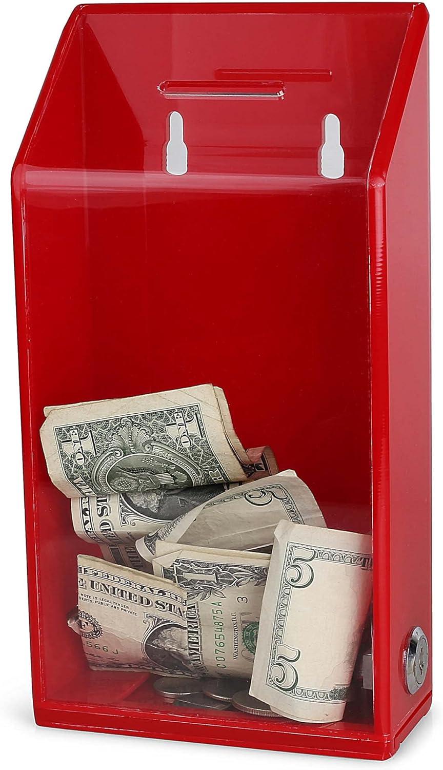 Rectangular Acrylic Donation Suggestion collection Box Pre Drilled Holes For Wall mounted Or Retail Countertop Tip Box with slant top 9.75 x 5 inches, Lock With set of keys Red