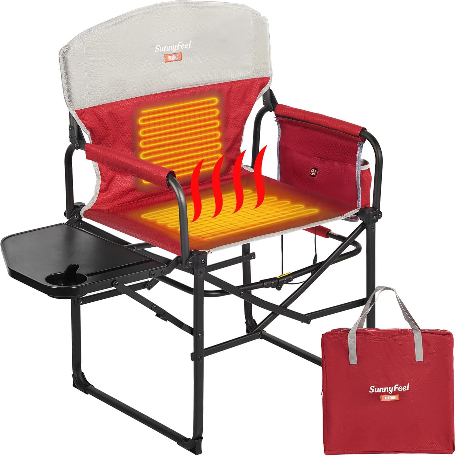 Red and Black Heated Steel Folding Directors Chair with Storage