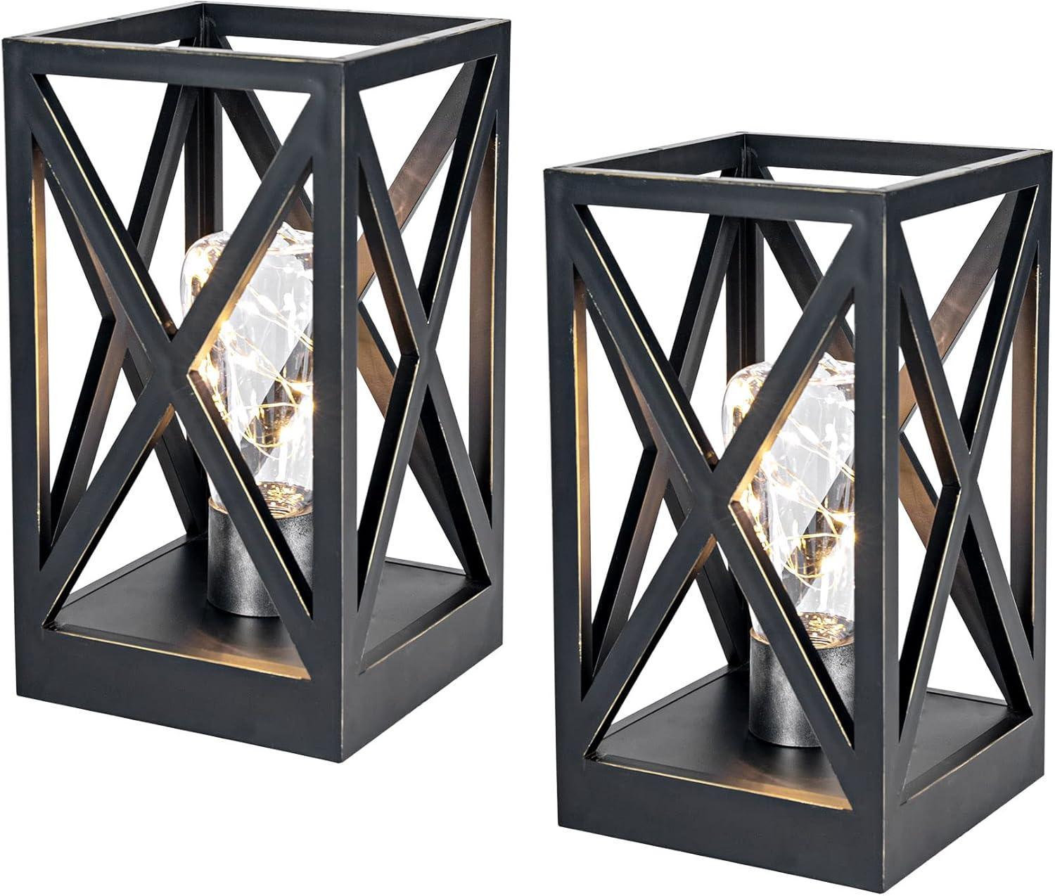 WINGBO 2 Pack Retro Battery Powered Table Lamps, Battery Operated Cordless Lamp Set, Portable Nightlight Decorative Light for Living Room Dining Room Bedroom Entryway Patio, Black & Gold Finish