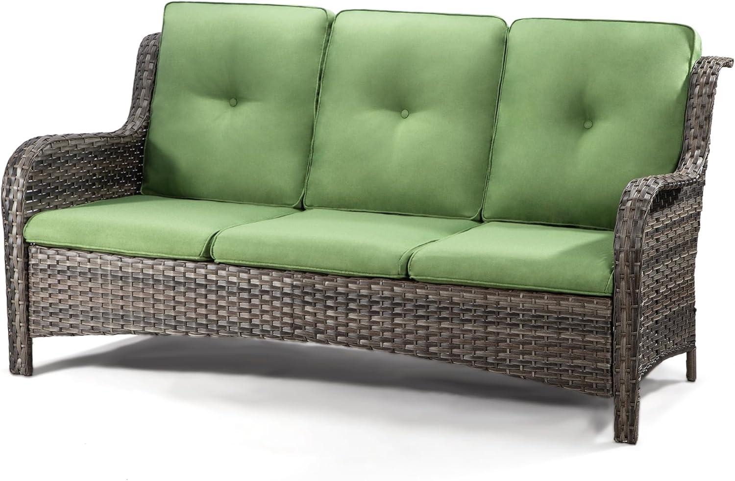 3-Seat Wicker Outdoor Patio Sofa Sectional Couch with Green Cushions