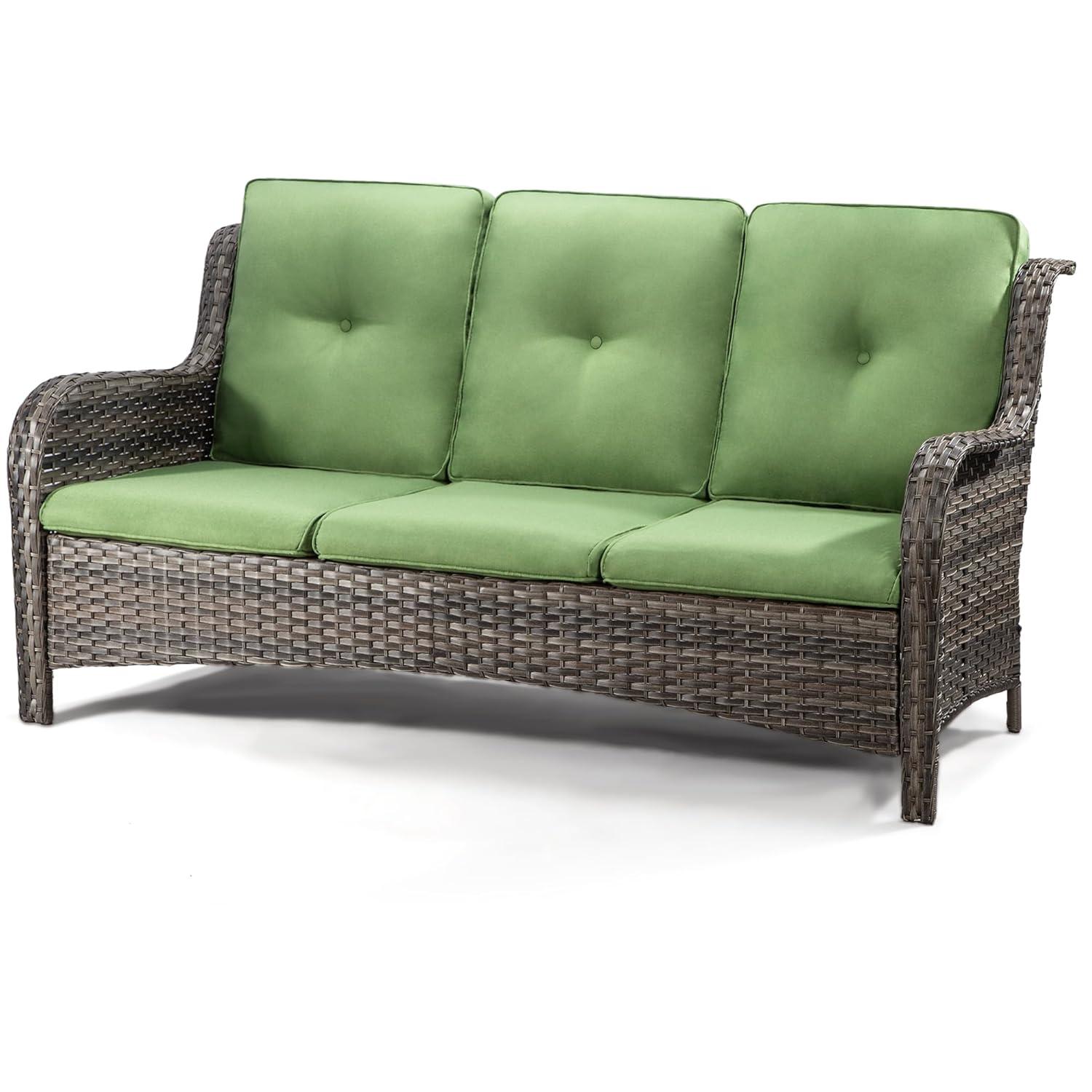 3-Seat Wicker Outdoor Patio Sofa Sectional Couch with Green Cushions