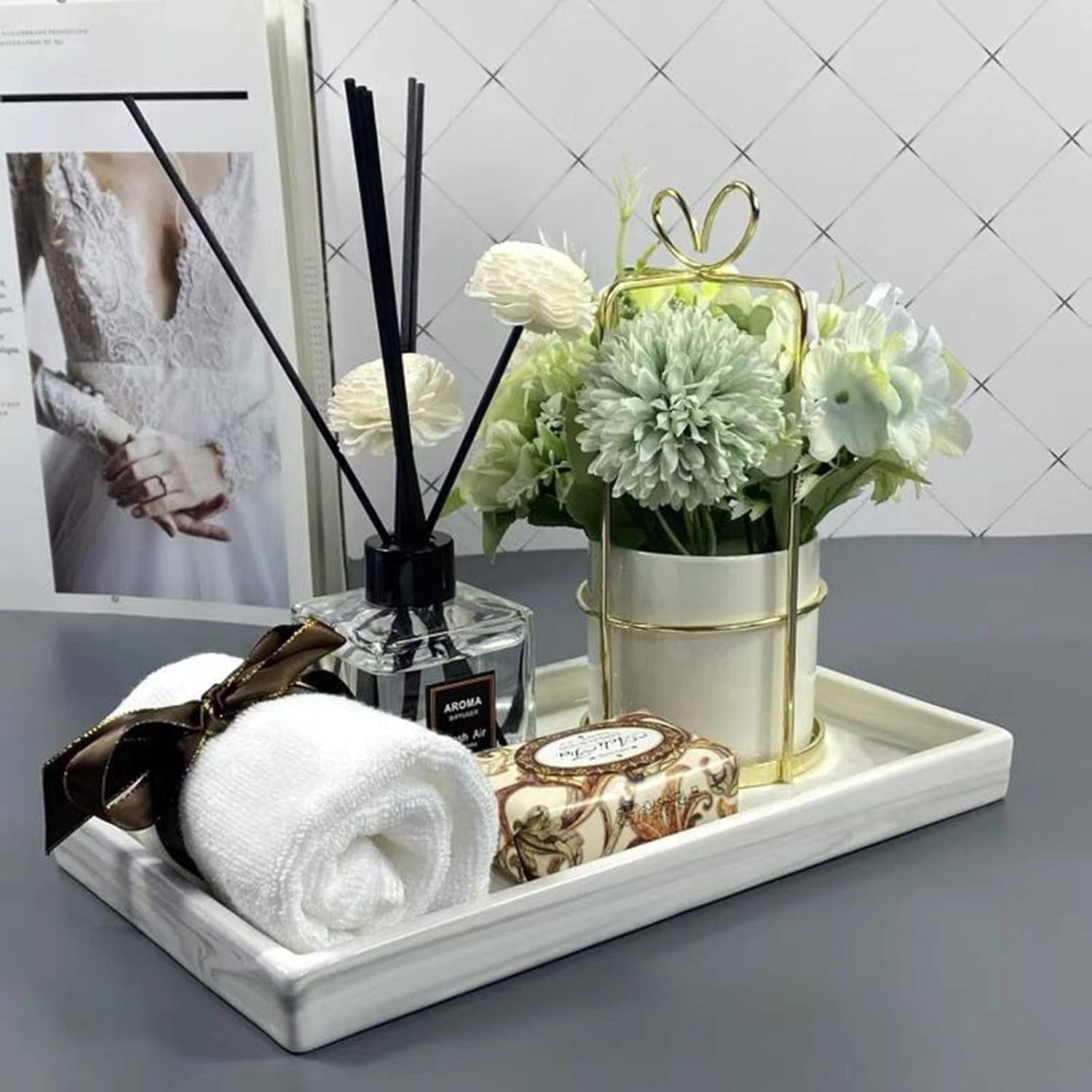 White Marble Ceramic Vanity Tray for Jewelry and Cosmetics