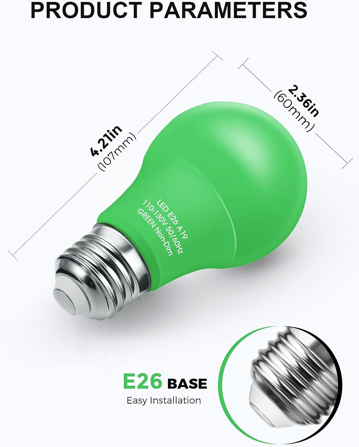 EDISHINE Green LED Light Bulbs for Holiday Party Decoration, A19 9W LED Bulbs 60W Equivalent E26 Base 4 Pack, ETL Listed