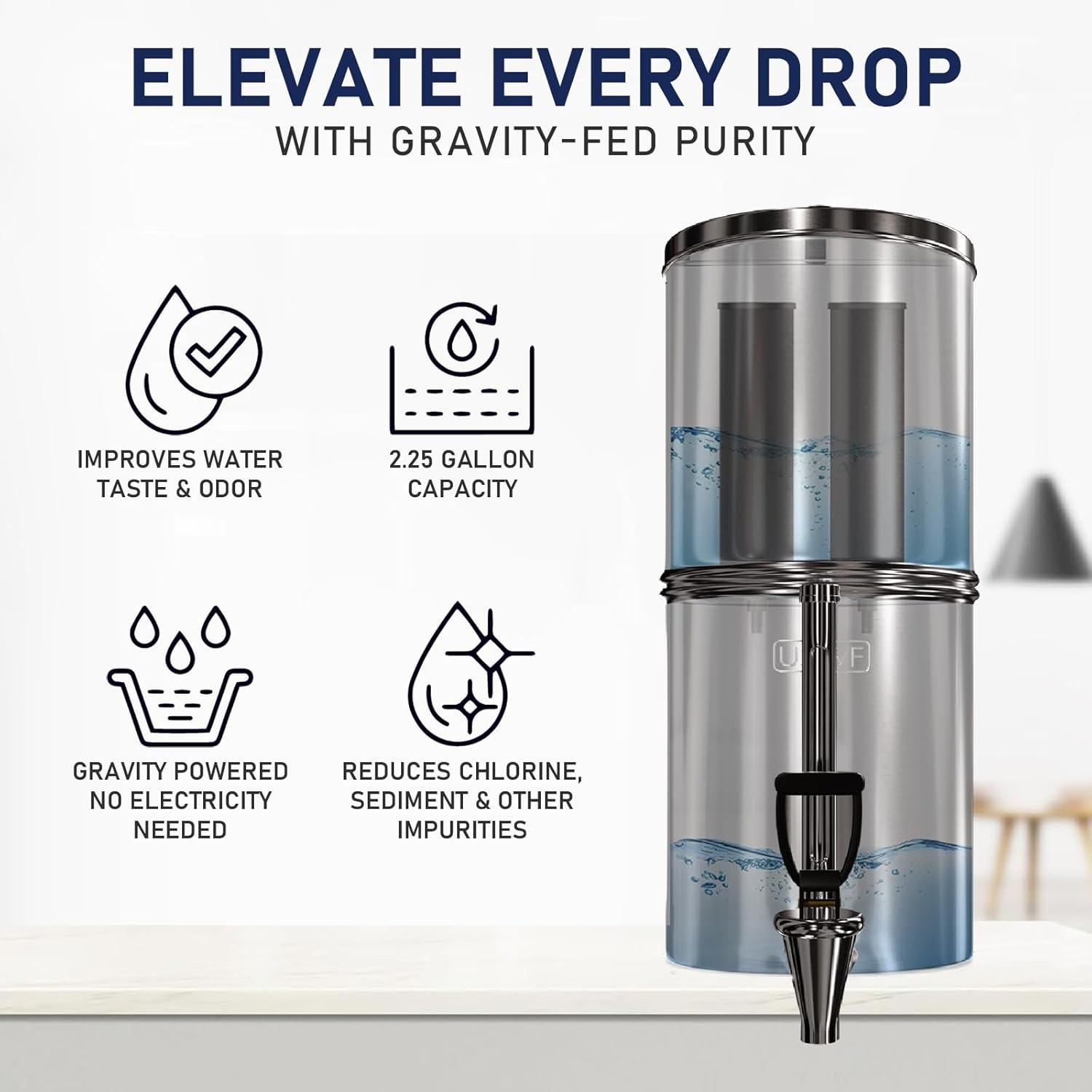 USWF Gravity Fed Water Filter System, 2.25 Gal Stainless Steel, w/ 2 Carbon Filters, Portable w/Metal Sight Glass Spigot & Stand, NSF/ANSI 372 Certified