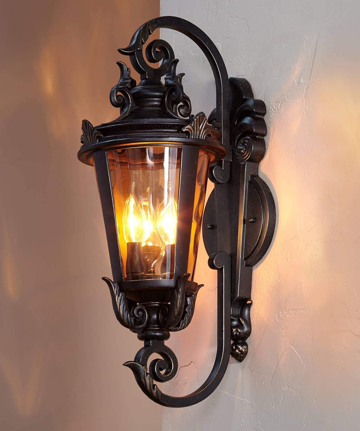 John Timberland Casa Marseille Vintage Rustic Outdoor Wall Light Fixture Bronze Scroll 21 1/2" Hammered Glass for Post Exterior Barn Deck House Porch