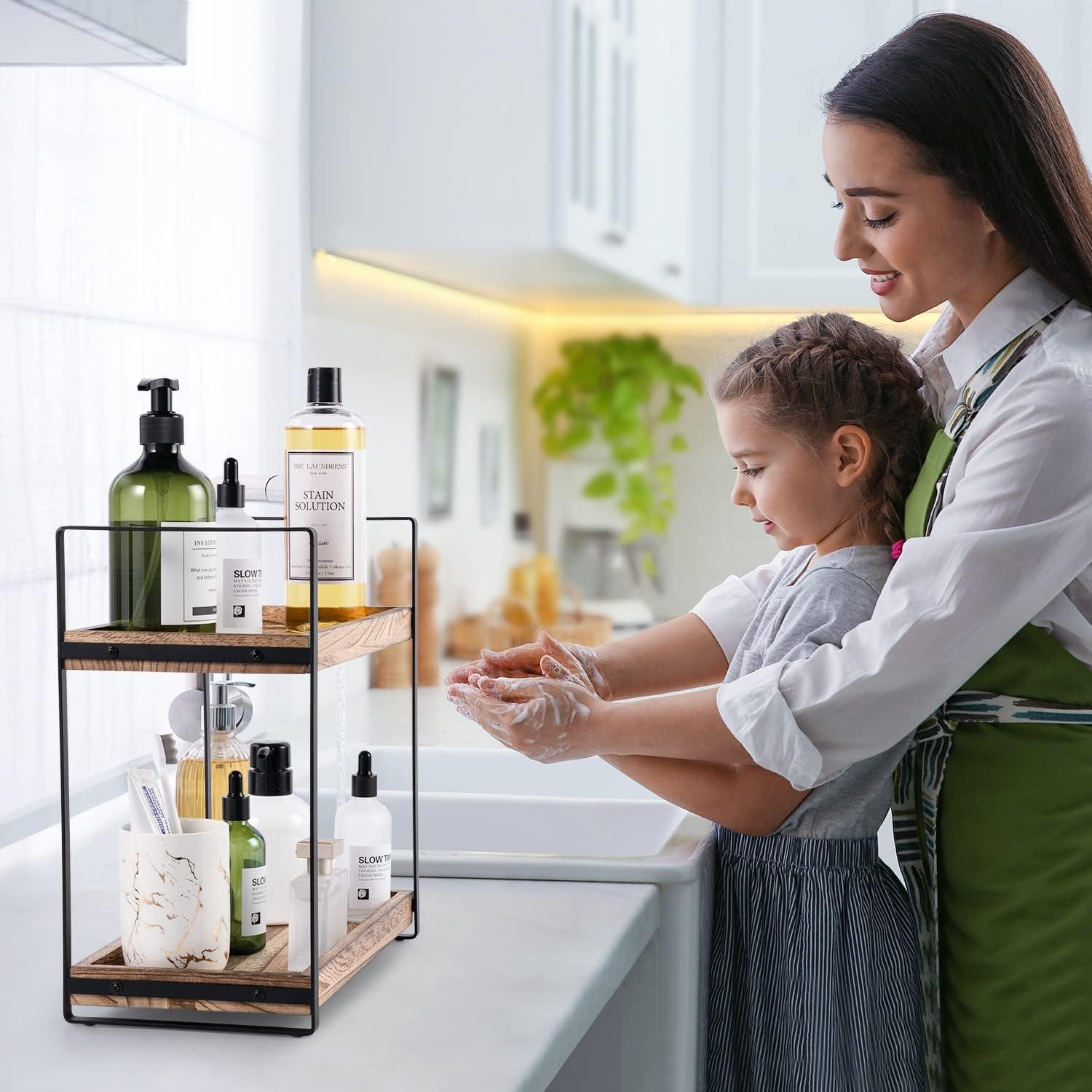 Brown Steel and Wood 2-Tier Countertop Organizer Shelf