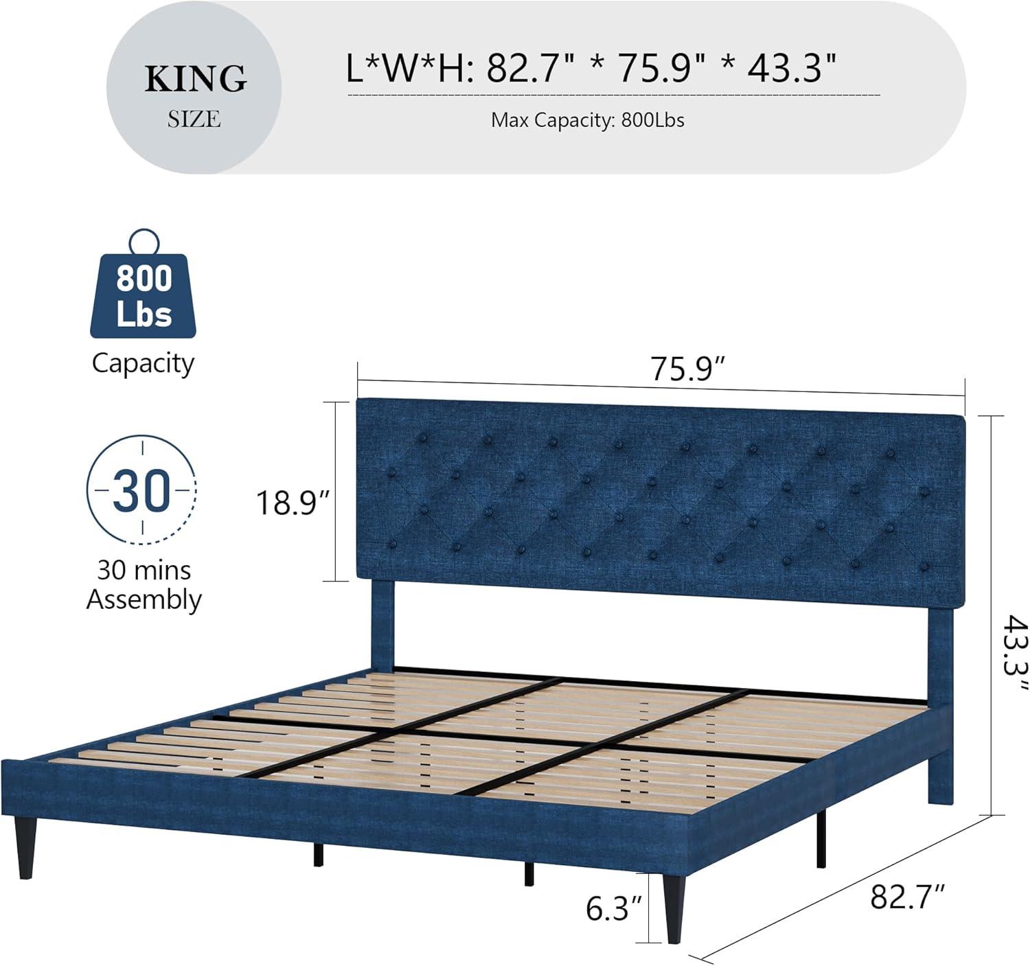 King Size Bed Frame, Upholstered Platform Bed Frame King with Button Tufted Headboard, Wooden Slats Support, No Box Spring Required, Easy Assembly, Navy Blue