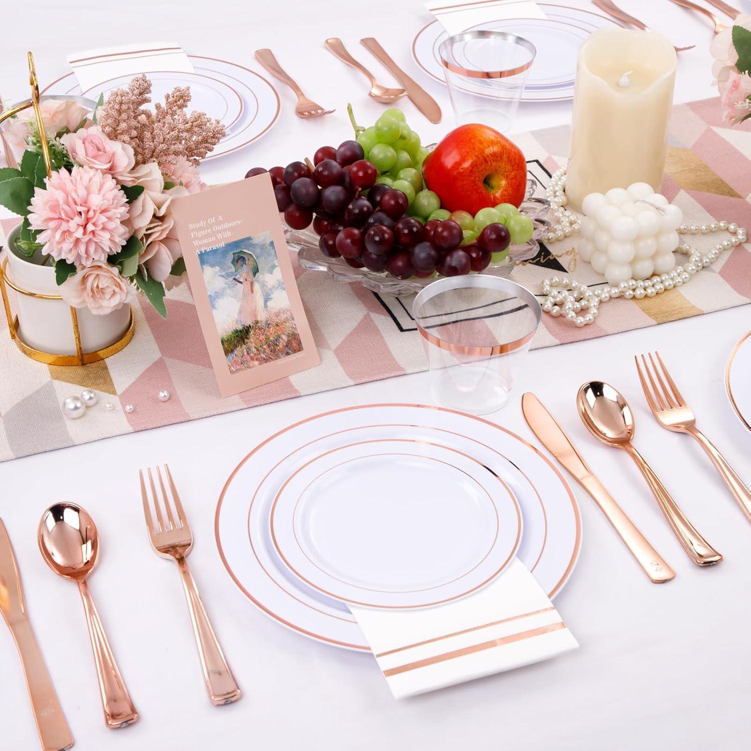 Rose Gold and Clear Plastic Dinnerware Set for 50 Guests