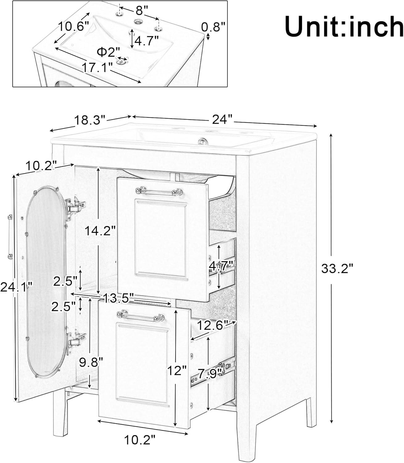 Tryimagine 24" Bathroom Vanity With Sink, Bathroom Vanity Cabinet With Two Drawers And Door, Adjustable Shelf, Solid Wood And MDF
