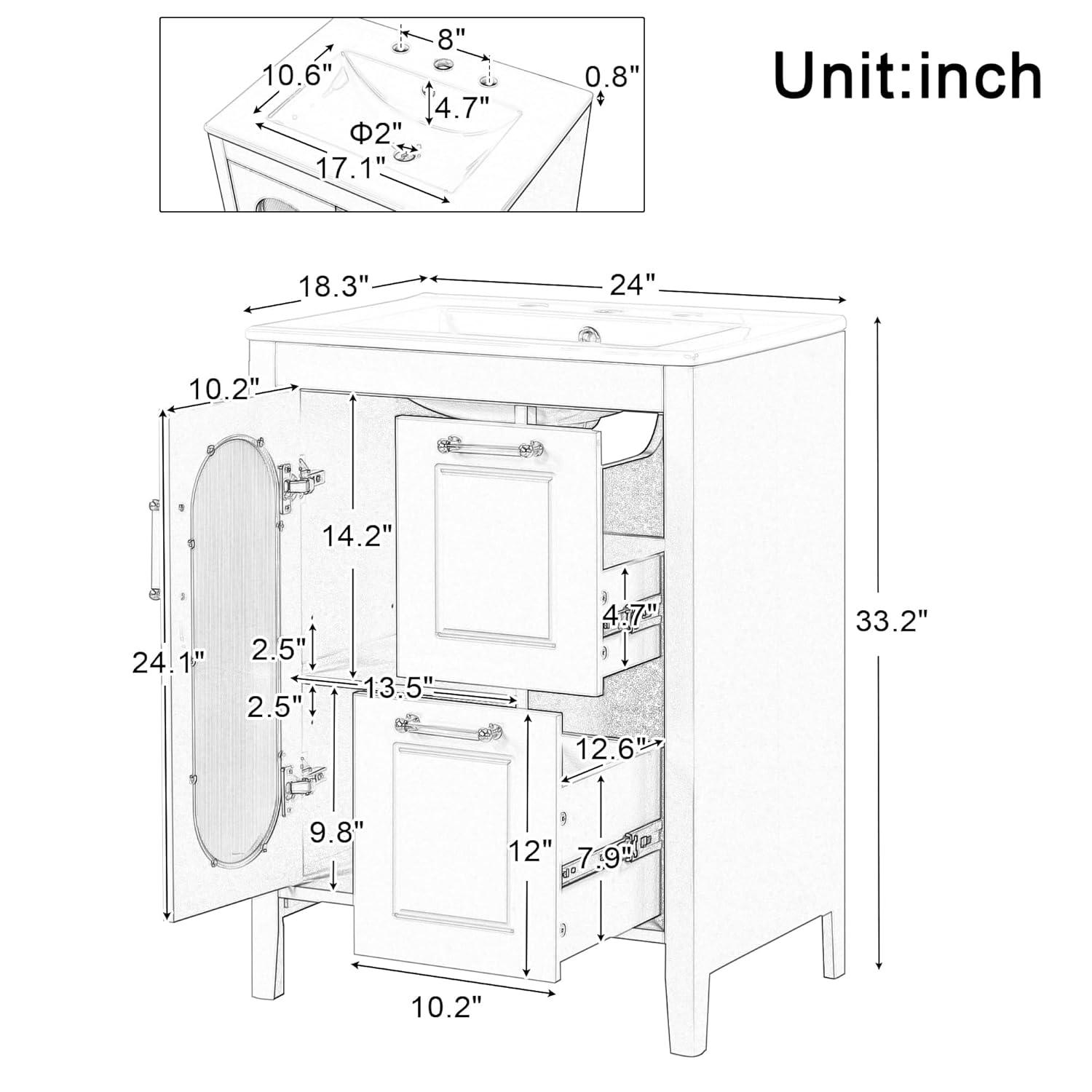 Tryimagine 24" Bathroom Vanity With Sink, Bathroom Vanity Cabinet With Two Drawers And Door, Adjustable Shelf, Solid Wood And MDF