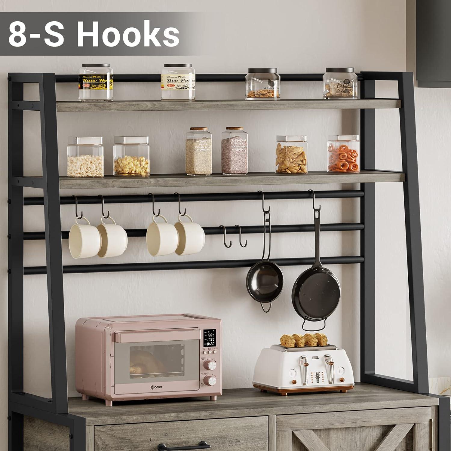 Baker's Rack, Coffee Bar Cabinet, Farmhouse Microwave Stand with Wine Rack, Storage Drawer and 8 Hooks, Bakers Racks for Kitchens with Storage, Ivory Gray