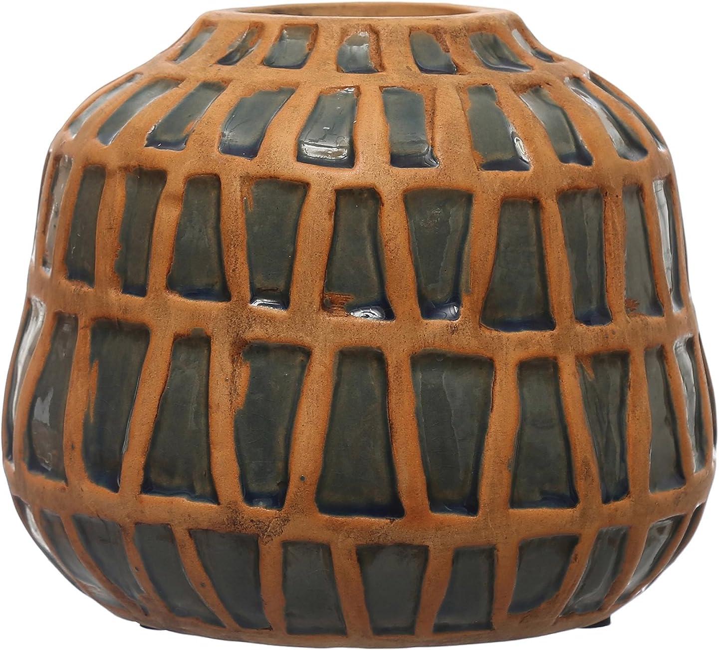 Natural and Blue Ceramic Debossed Table Vase