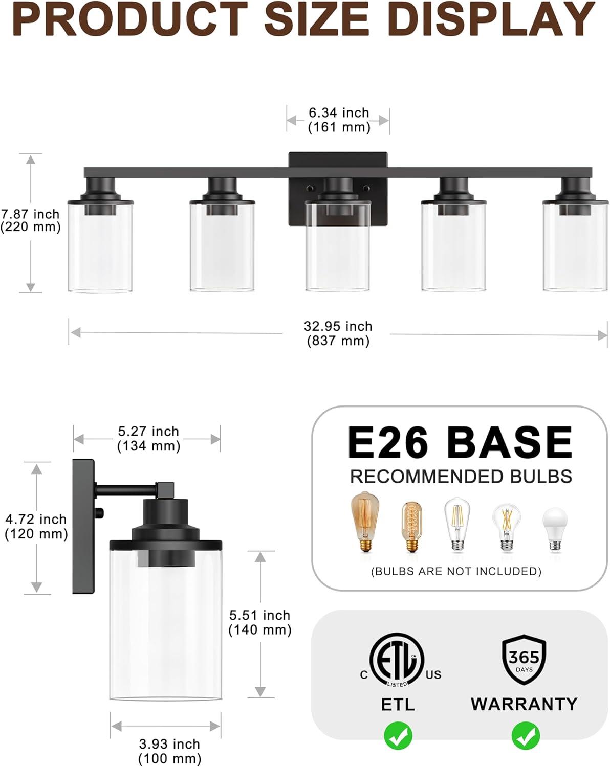 Matte Black 5-Light Bathroom Vanity Fixture with Glass Shades