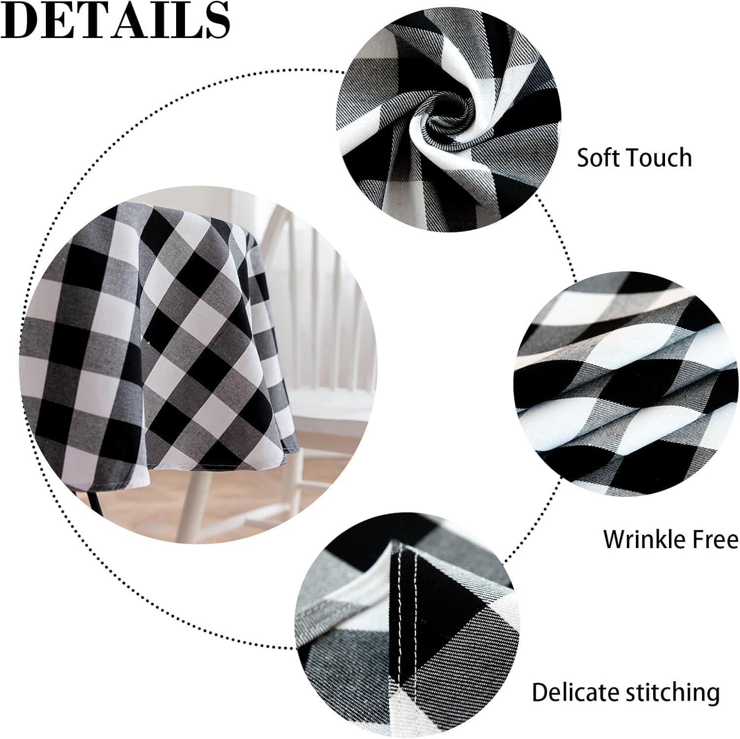 Buffalo Plaid Round Tablecloth Checkered Cotton Linen Table Cover for Kitchen Dining Room Home Decor ( Round - 48 Inch, White & Black )