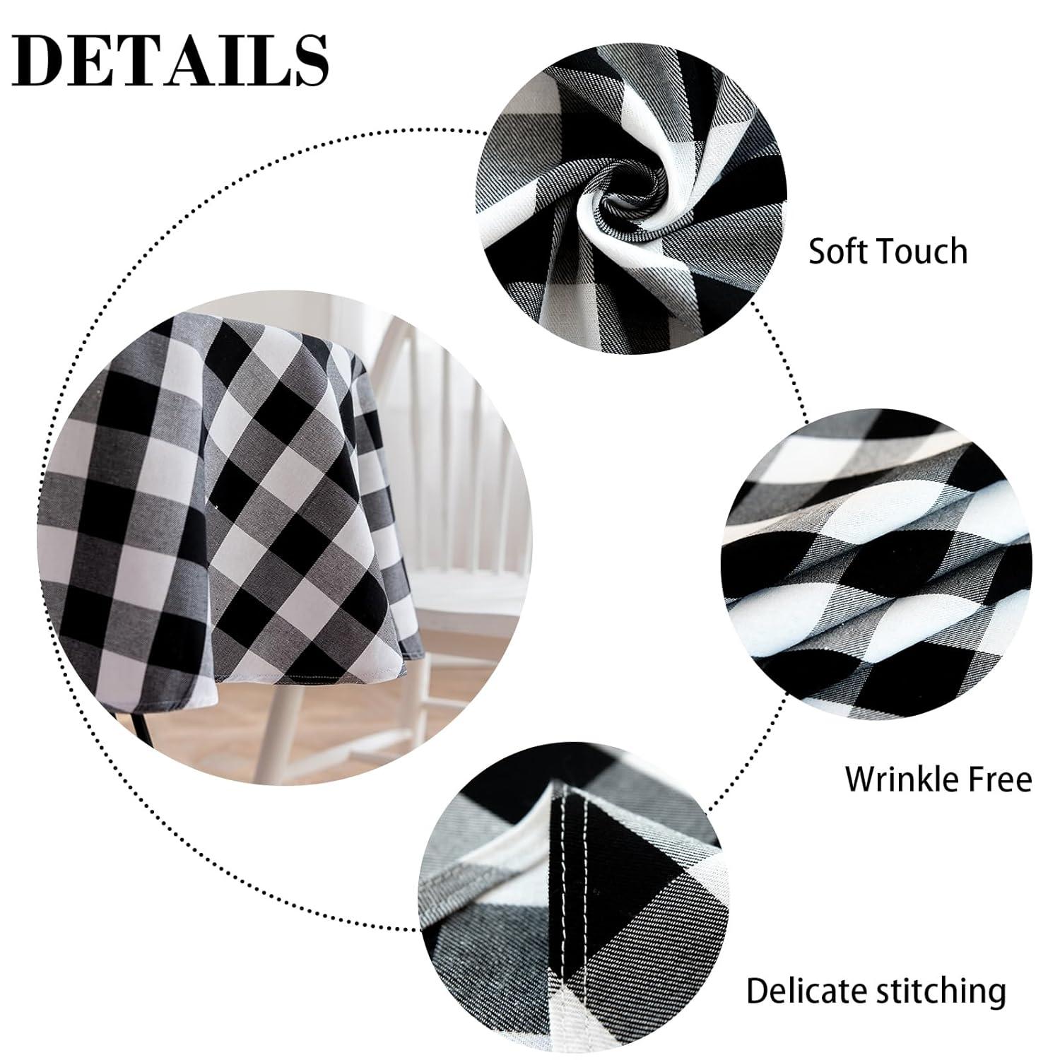 Buffalo Plaid Round Tablecloth Checkered Cotton Linen Table Cover for Kitchen Dining Room Home Decor ( Round - 48 Inch, White & Black )