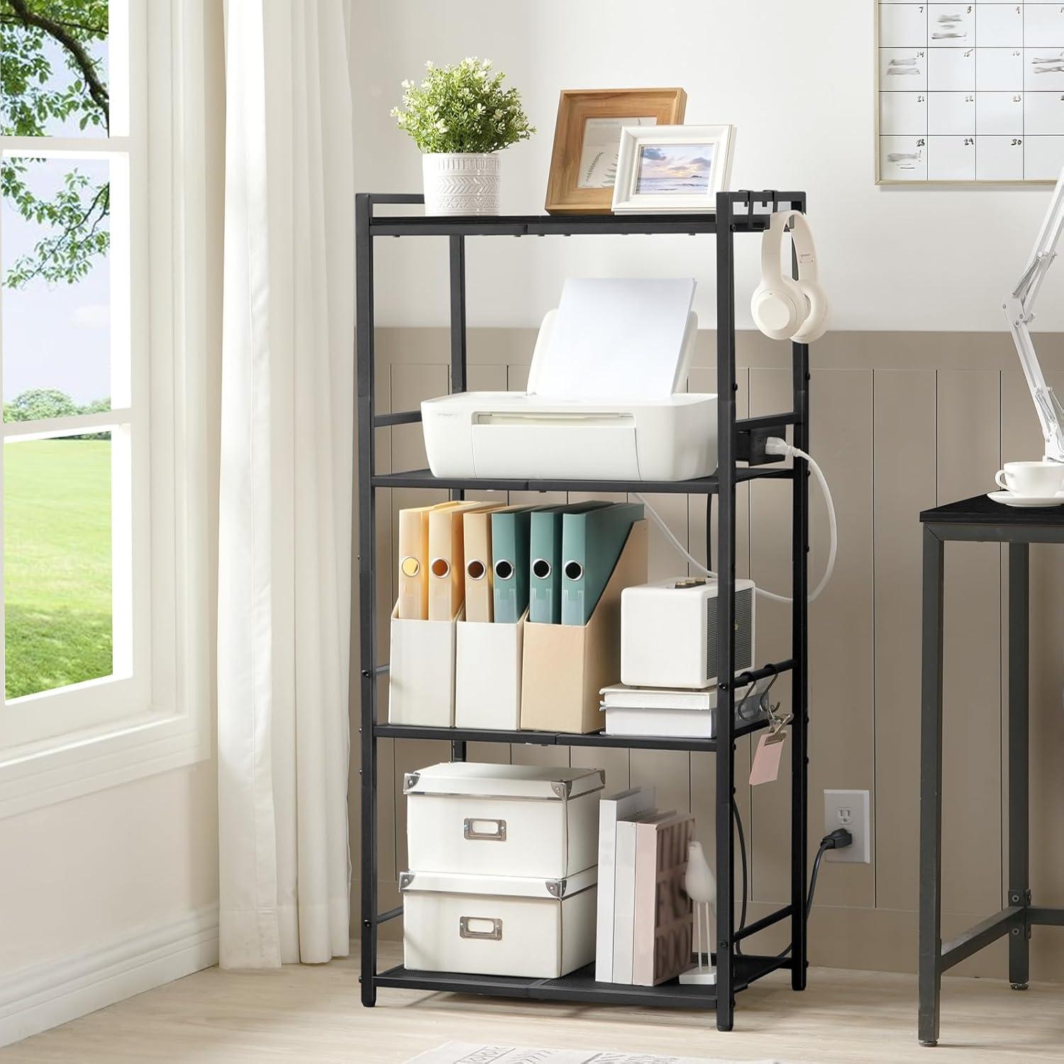 Bakers Rack with Power Outlet, Microwave Stand with Hooks, Multifunctional Storage Rack, Coffee Bar with Enclosure, Kitchen Storage Shelf, for Kitchen, Dining Room, Black BRHB40E01