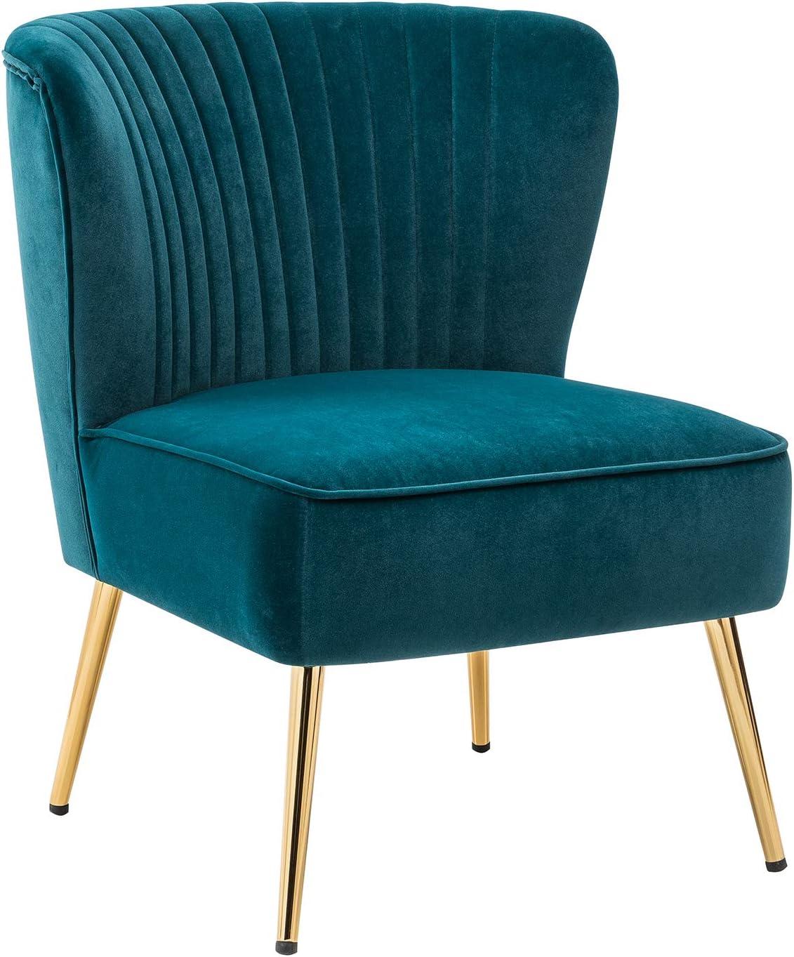 Velvet Upholstered Side Chair Armless Tufted Wingback Metal Legs Dining Living Bedroom Adult Teal