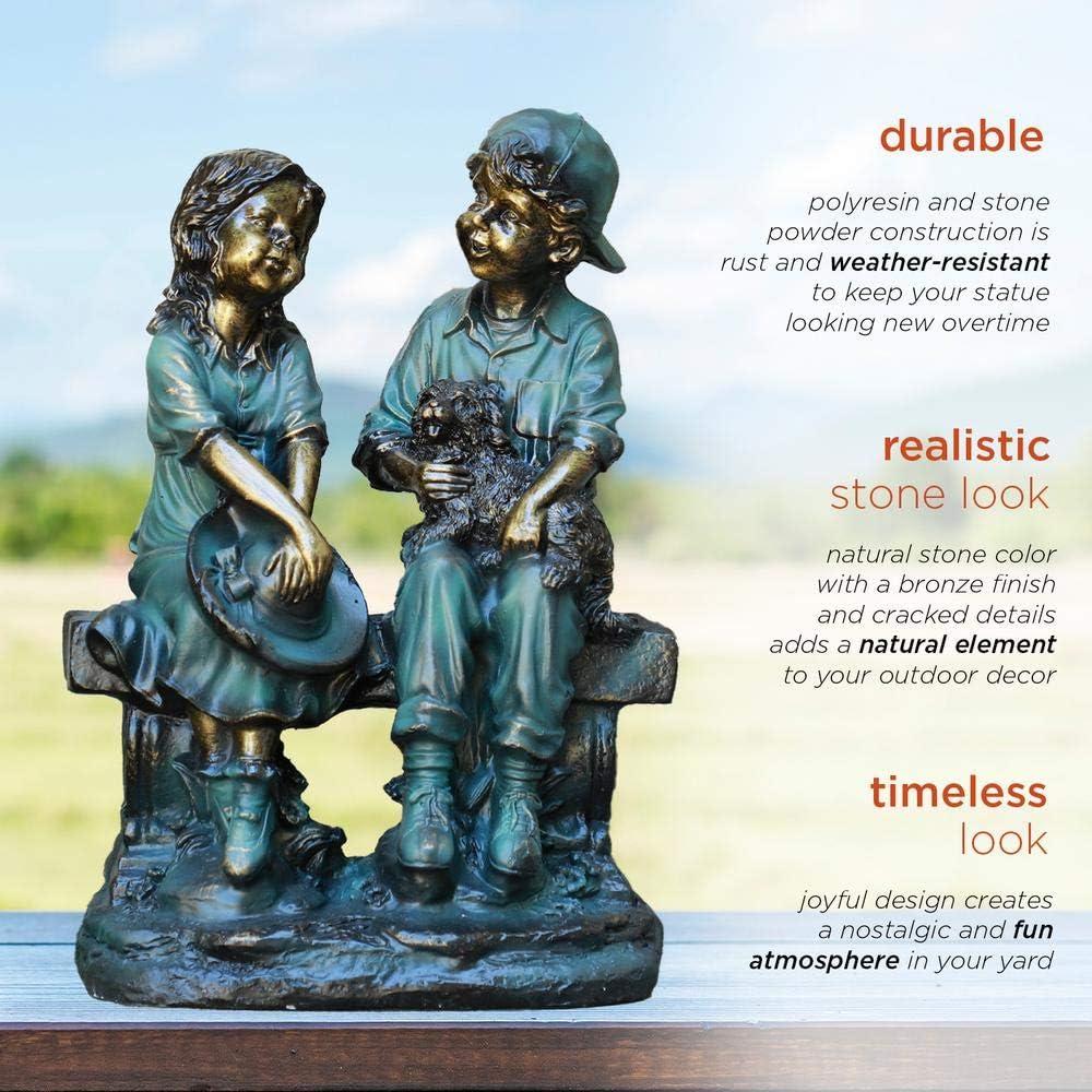 16" Polyresin Girl and Boy with Dog Sitting on Bench Sculpture Bronze - Alpine Corporation