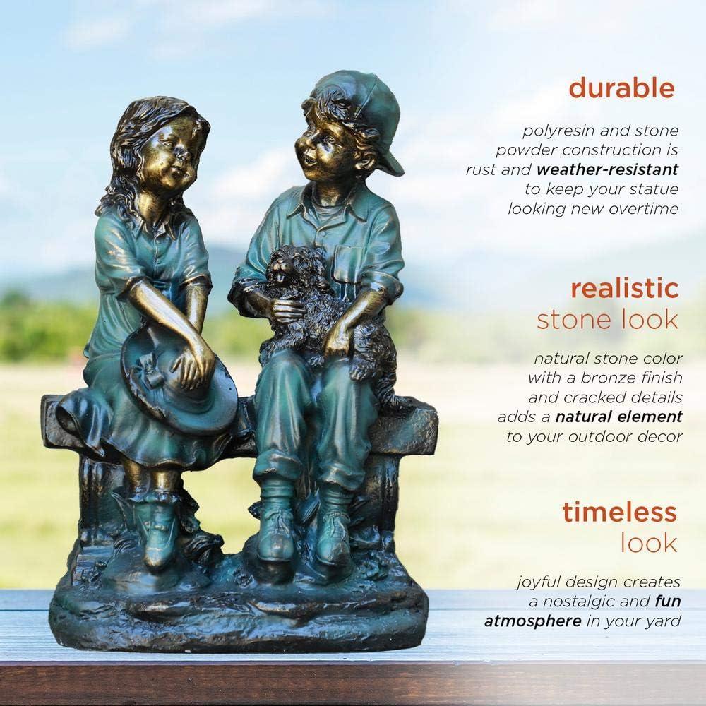 Alpine Corporation 16" Polyresin Girl and Boy with Dog Sitting on Bench Sculpture Bronze: Durable Outdoor Decor, Magnesium Oxide, Rust-Resistant
