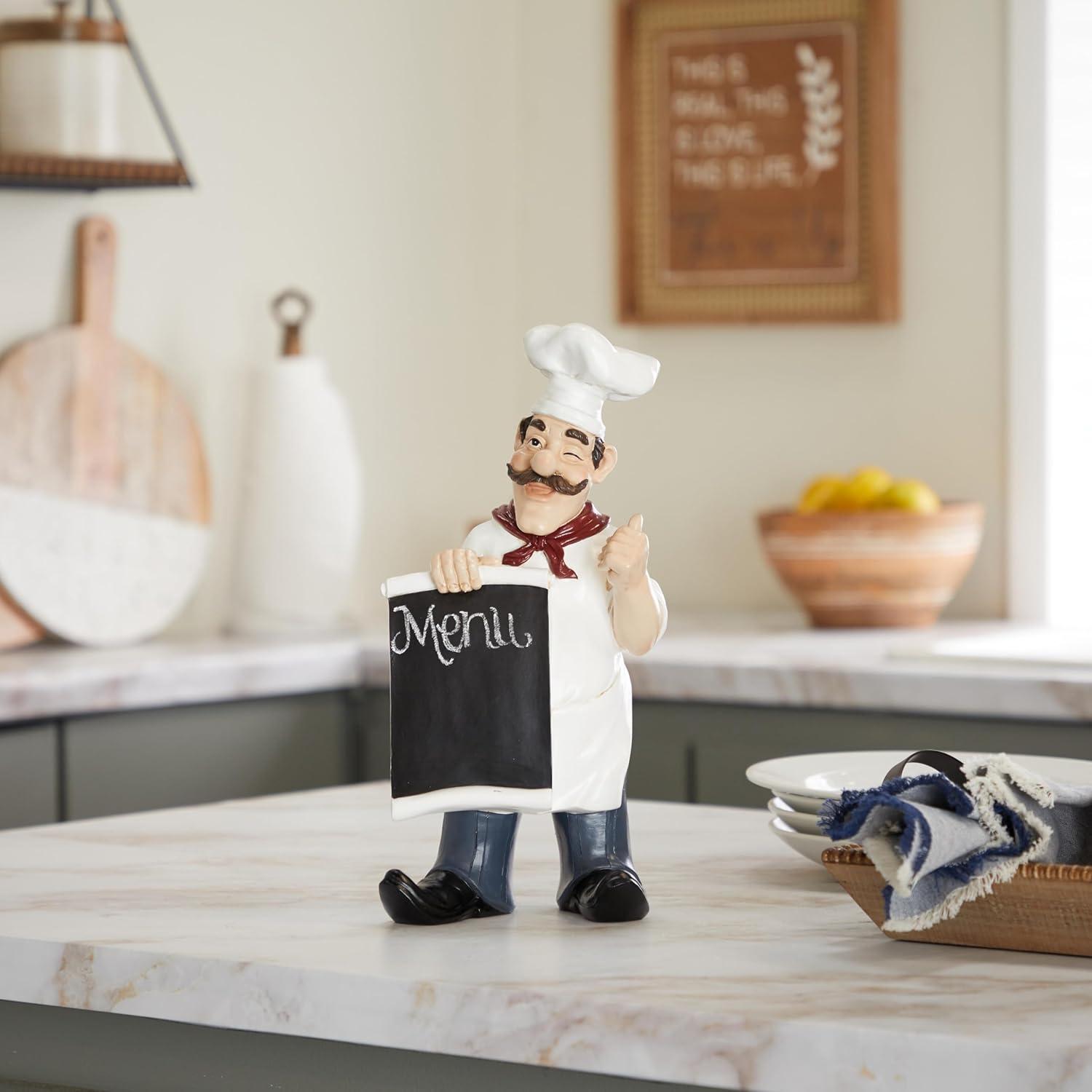 7" x 15" White Polystone Chef Sculpture with Chalkboard, by DecMode