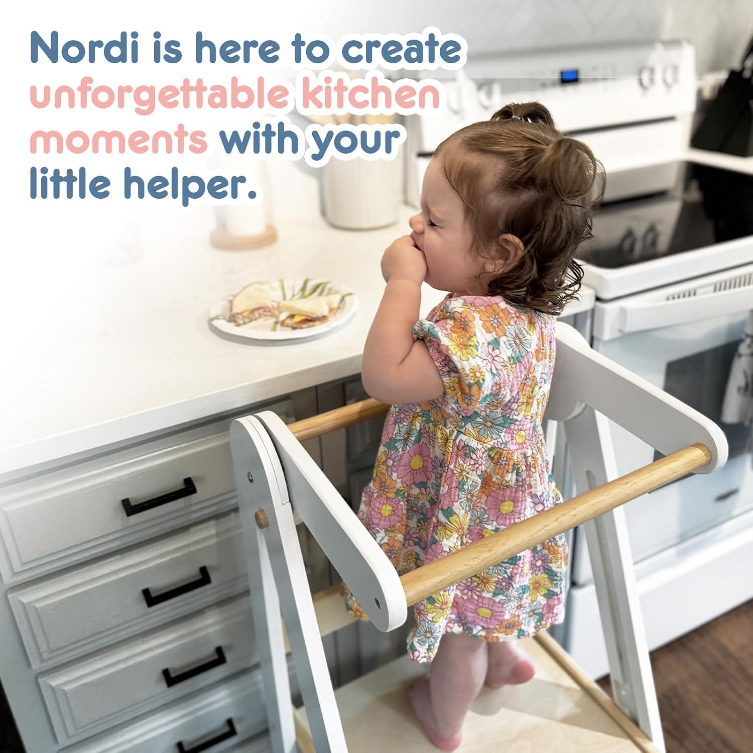 Nordi Foldable Toddler Kitchen Tower, Montessori Kitchen Stools Helper, Standing Tower with 3 Adjustable Heights, Suitable Age for 2-6 Years, White