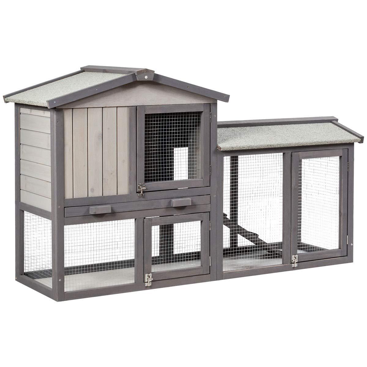 Gymax 58'' Wooden Rabbit Hutch Large Chicken Coop Weatherproof Indoor Outdoor Use Gray