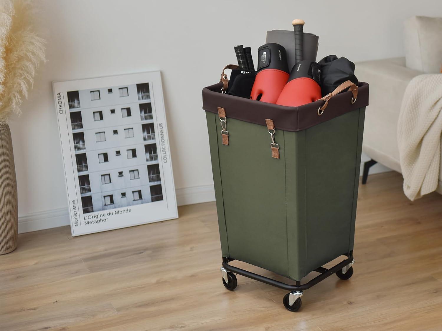 Green Collapsible Laundry Hamper with Wheels and Leather Handles