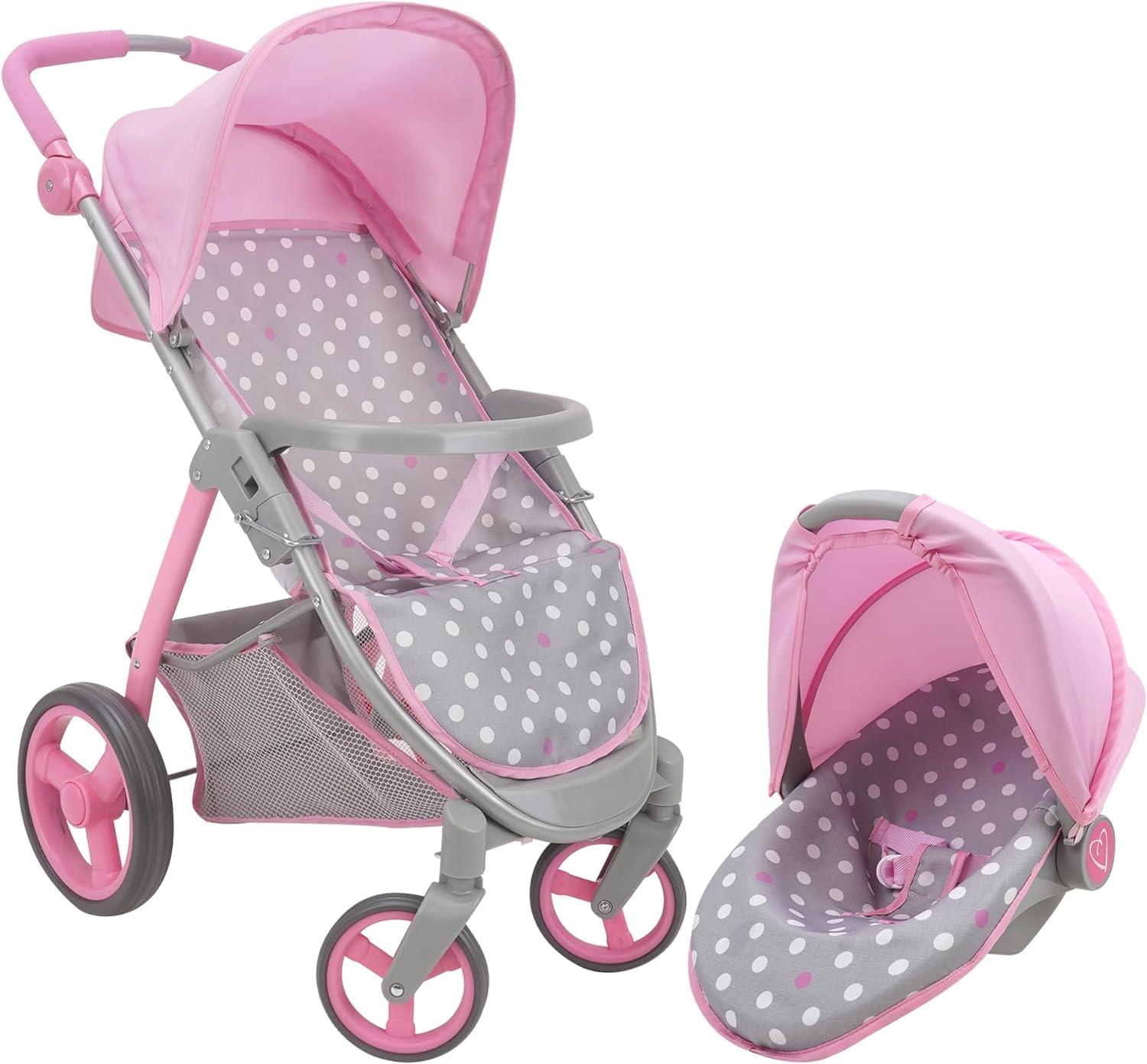 Cotton Candy Pink Doll Travel System in Grey Polka Dots, Fits Dolls Up to 18"