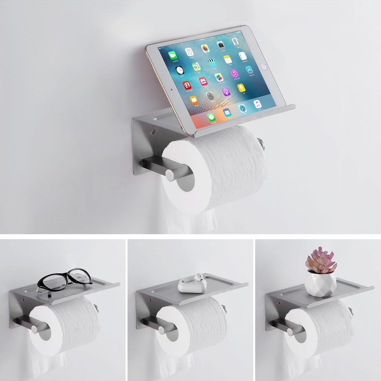 Brushed Stainless Steel Wall Mounted Toilet Paper Holder with Shelf