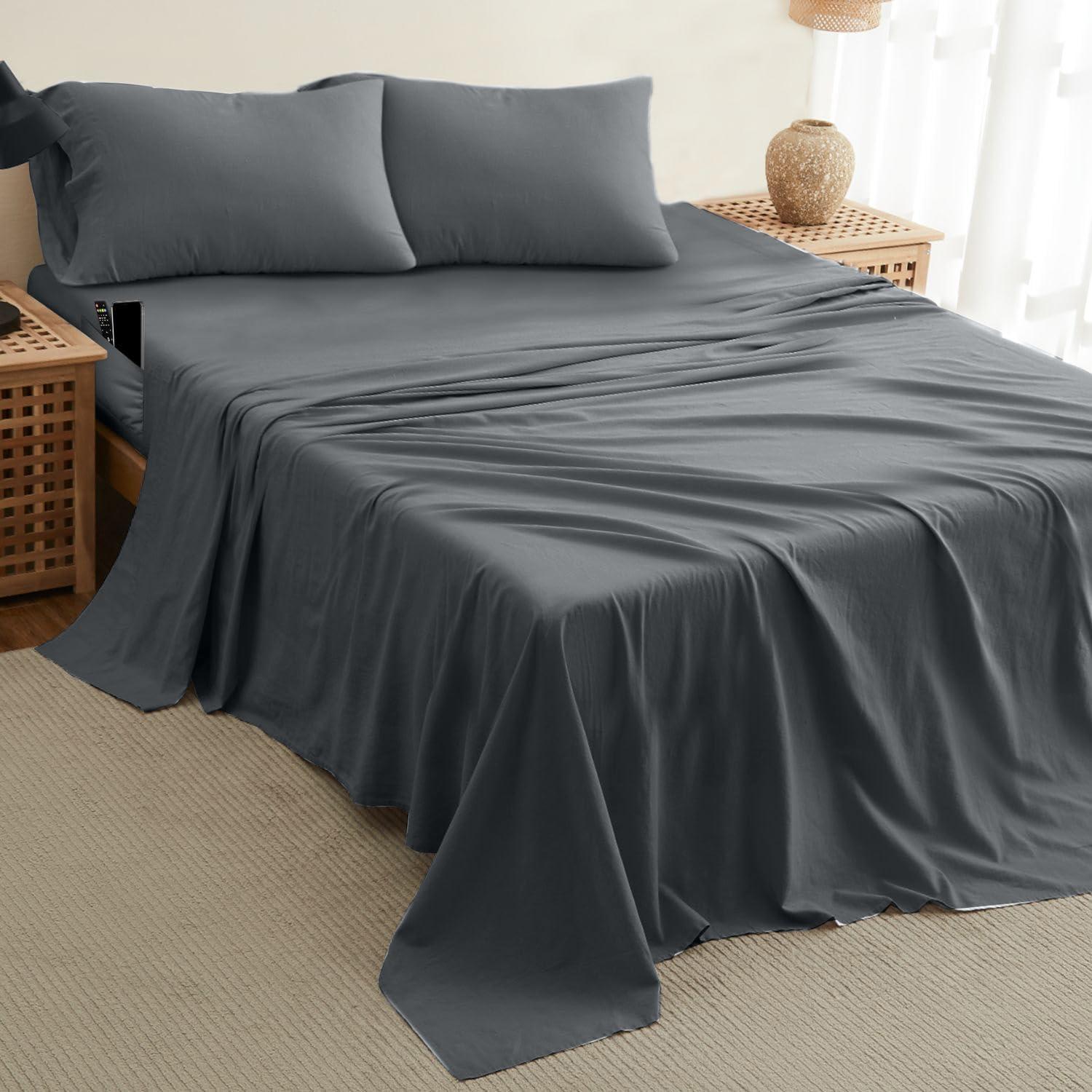 DREAMCARE - Bed Sheets Set - Queen Size Sheet with Side Pocket - 4pcs Set, 15 inches, Dark Gray