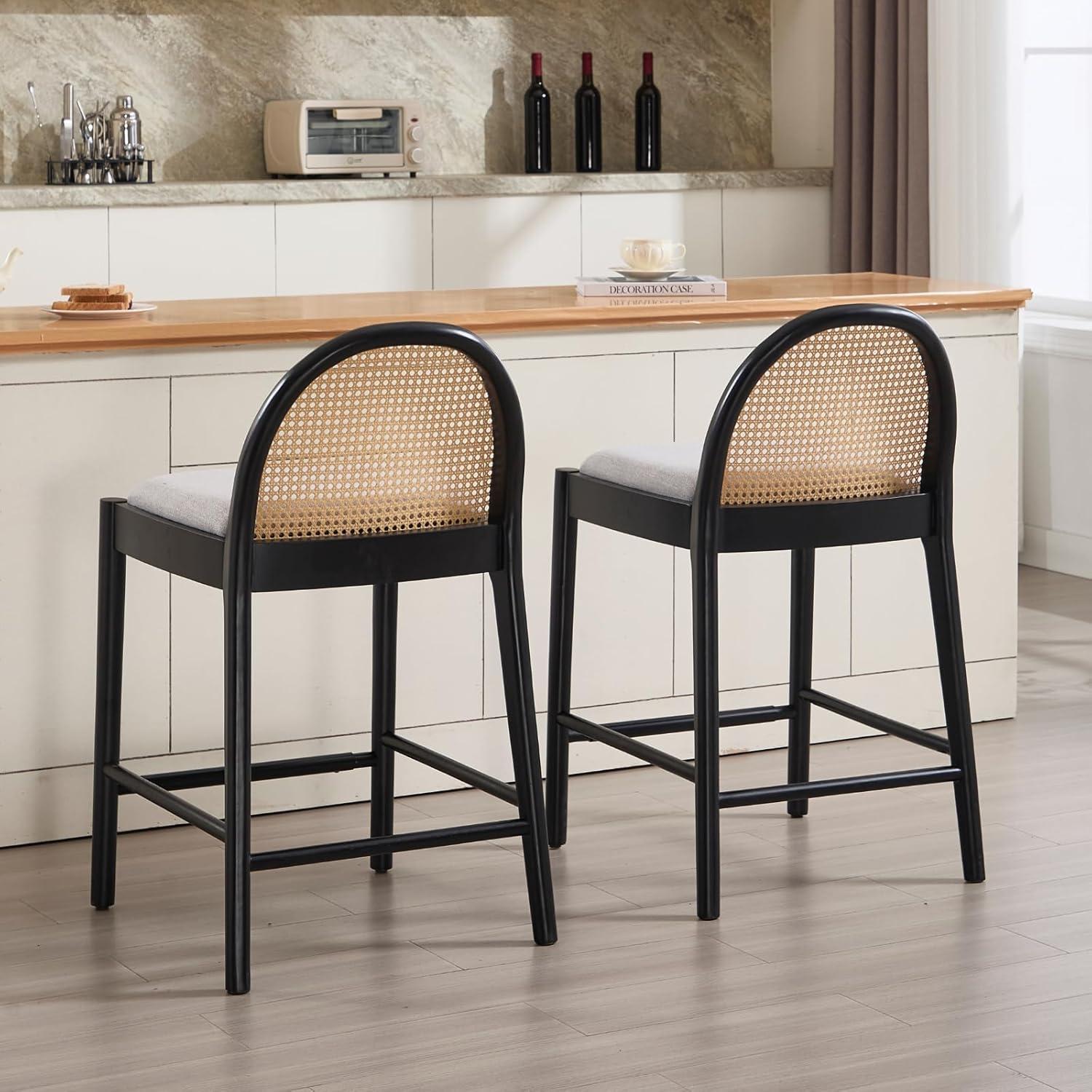 Bayou Breeze Emington Modern Stools with Rattan Backrests and Wood Frame (Set of 2)