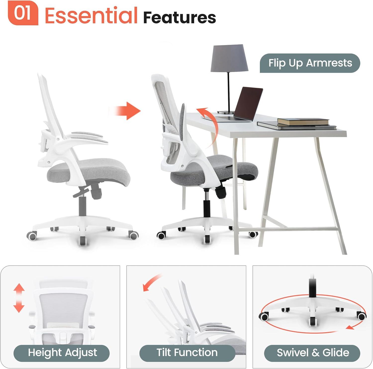 Neo Chair Ergonomic High Back Office Chair with Flip-up Arms Adjustable Lumbar Support, Gray