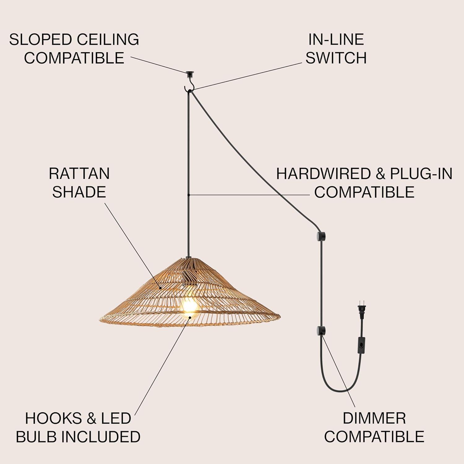 Nova 20.25" 1-Light Farmhouse Coastal Rattan 180" Cord Plug-In or Hardwired LED Pendant, Brown