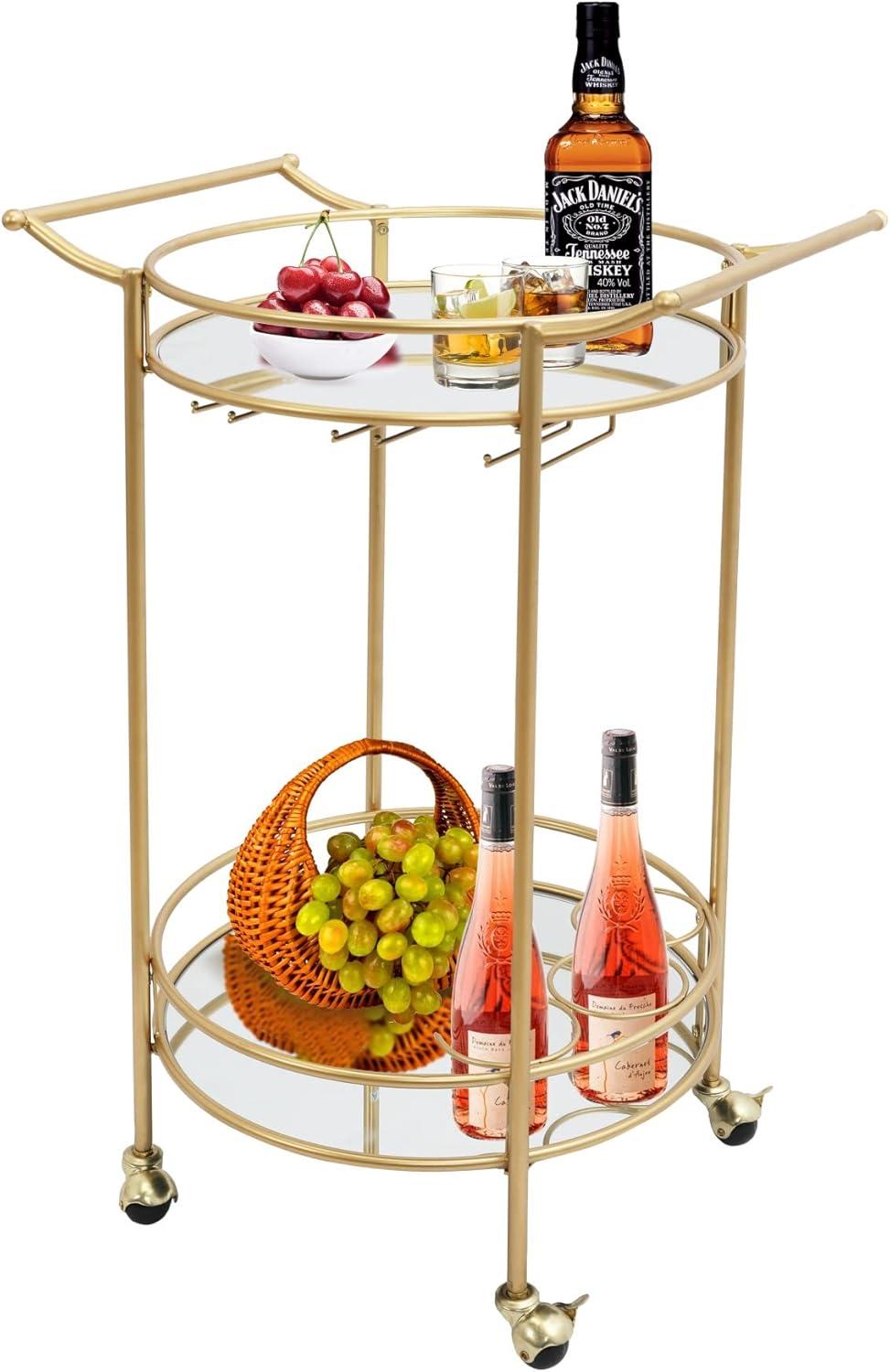 Gold Round Bar Cart with Glass Shelves and Wine Rack