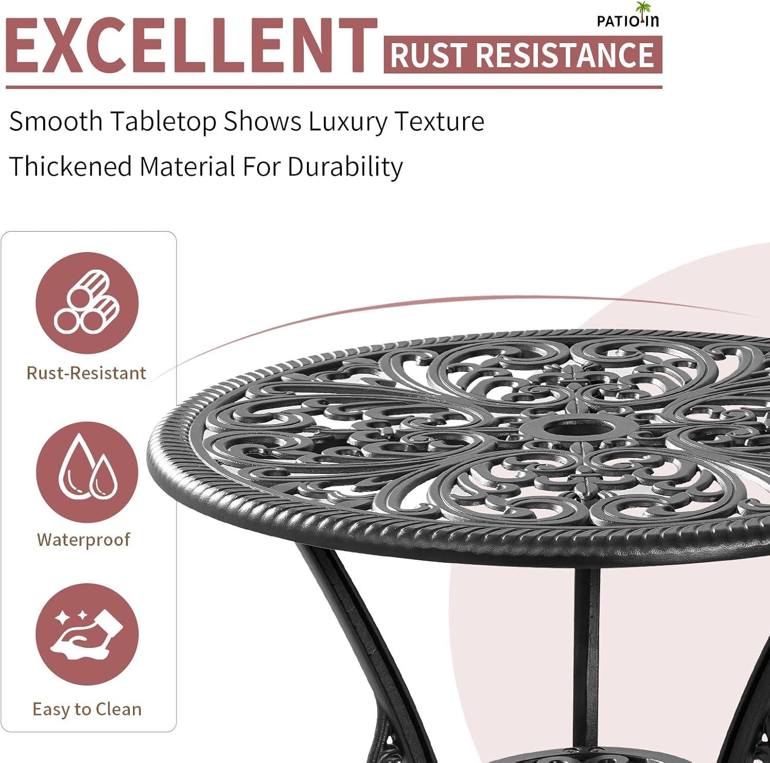 PATIO-IN 3 Piece Bistro Set Cast Aluminum Bistro Table and Chairs Set of 2 with Umbrella Hole,Patio Furniture Sets for Front Porch,Garden