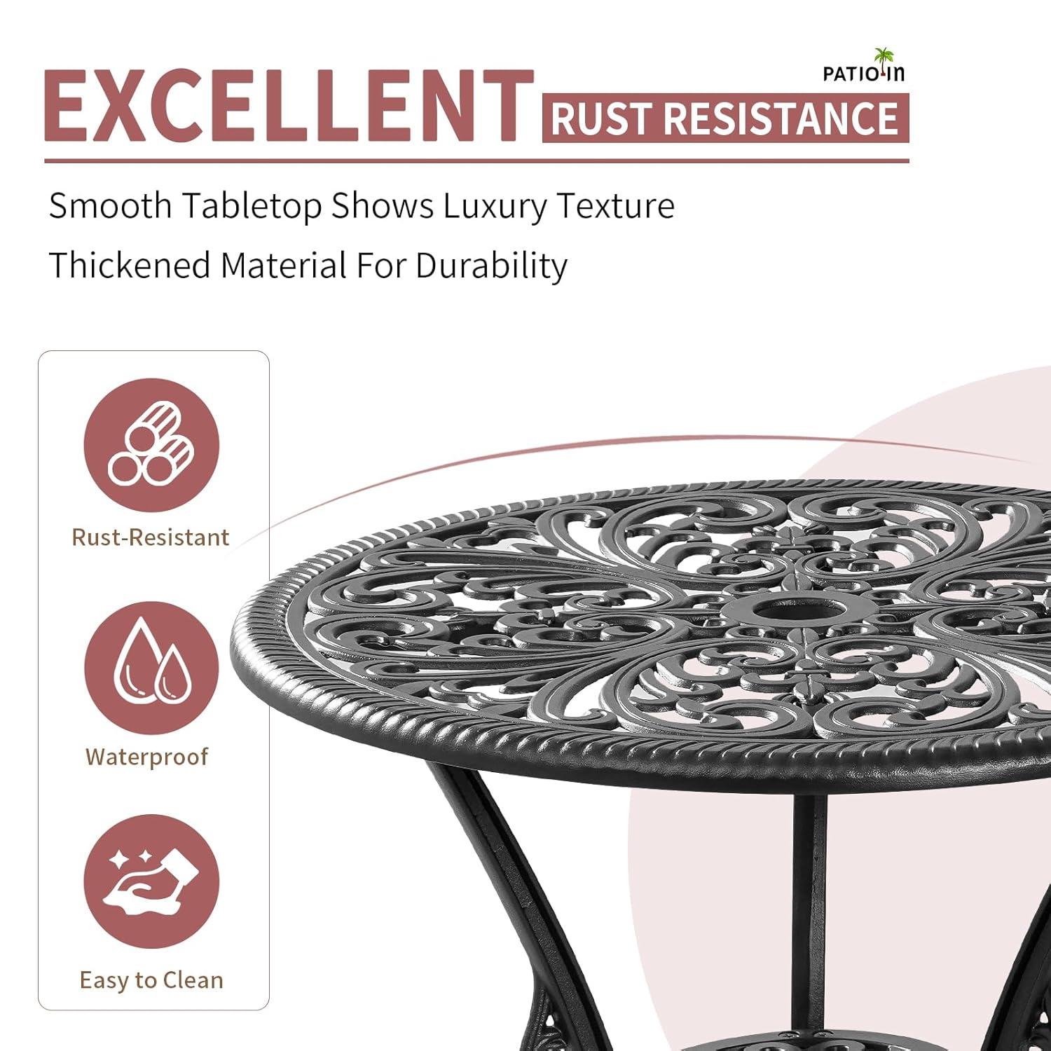 PATIO-IN 3 Piece Bistro Set Cast Aluminum Bistro Table and Chairs Set of 2 with Umbrella Hole,Patio Furniture Sets for Front Porch,Garden