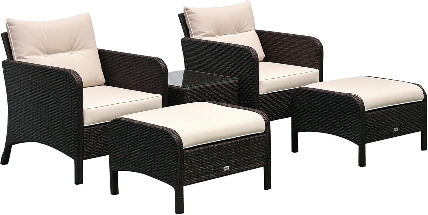 Outsunny 5 Piece Rattan Wicker Lounge Chair, Outdoor Patio Conversation Set with 2 Cushioned Chairs, 2 Ottomans & Top Coffee Table, Brown