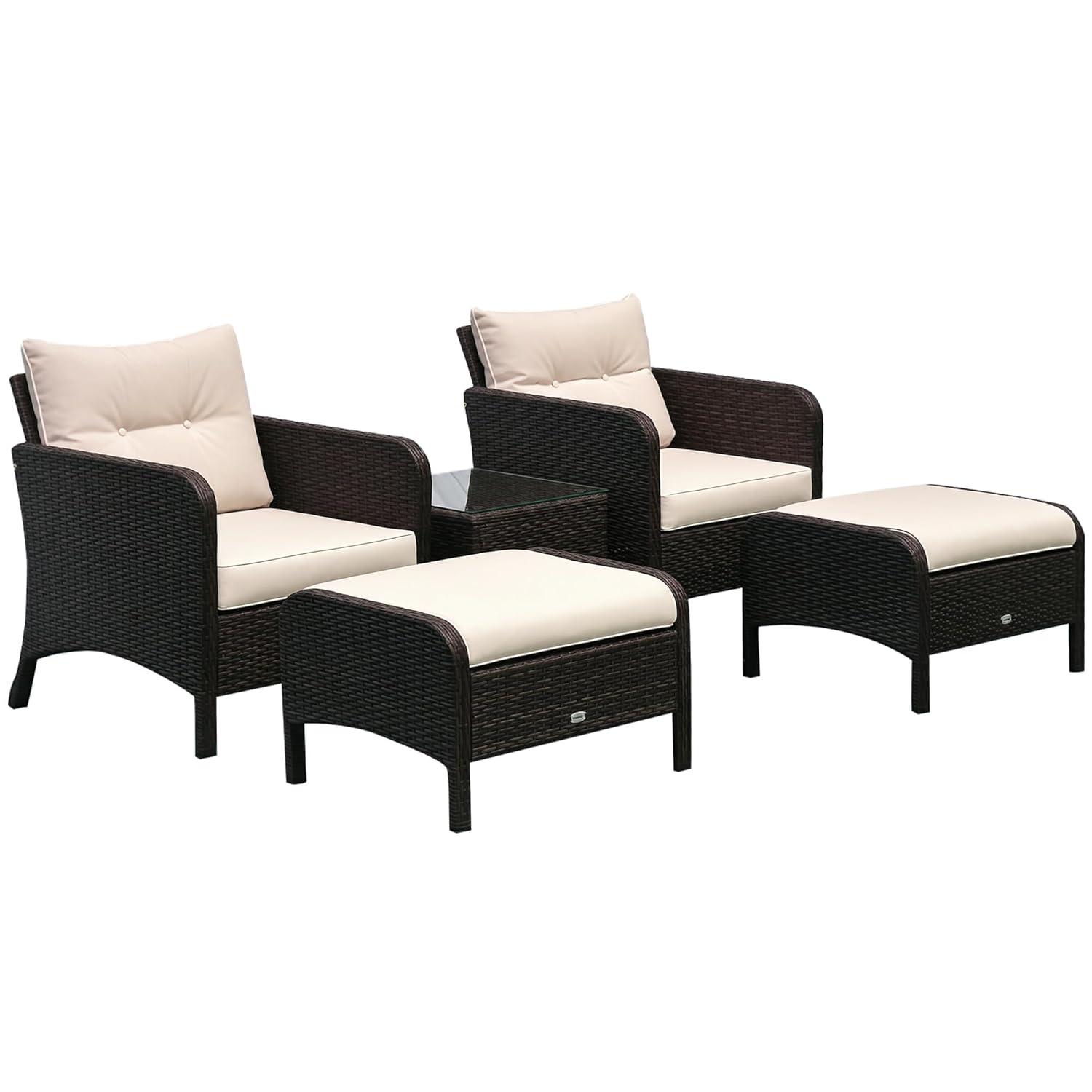 Outsunny 5 Piece Rattan Wicker Lounge Chair, Outdoor Patio Conversation Set with 2 Cushioned Chairs, 2 Ottomans & Top Coffee Table, Brown