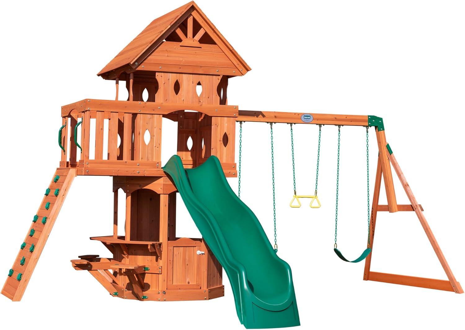 Woodland Cedar Wood Playset with Green Slide and Swings